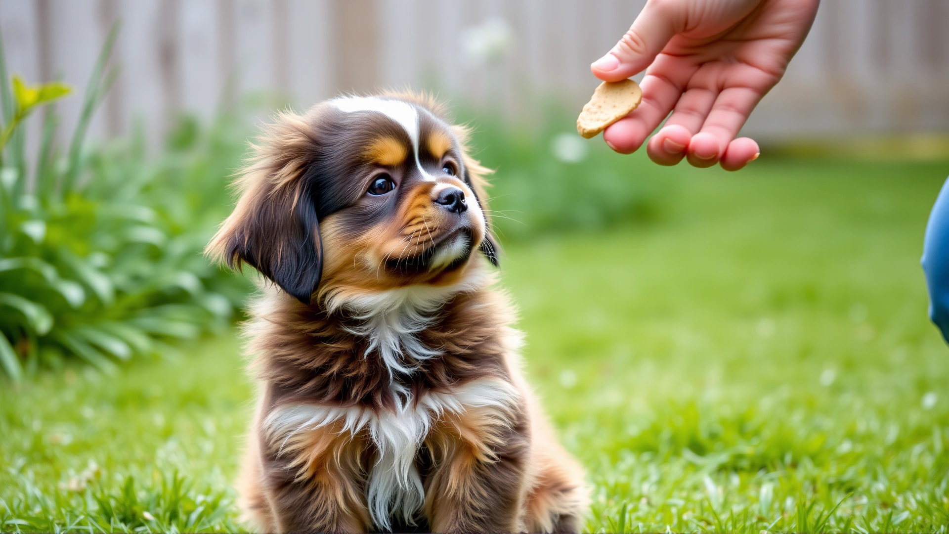 Tibetan Spaniel puppy sitting attentively while owner holds a treat during a training session in a backyard.