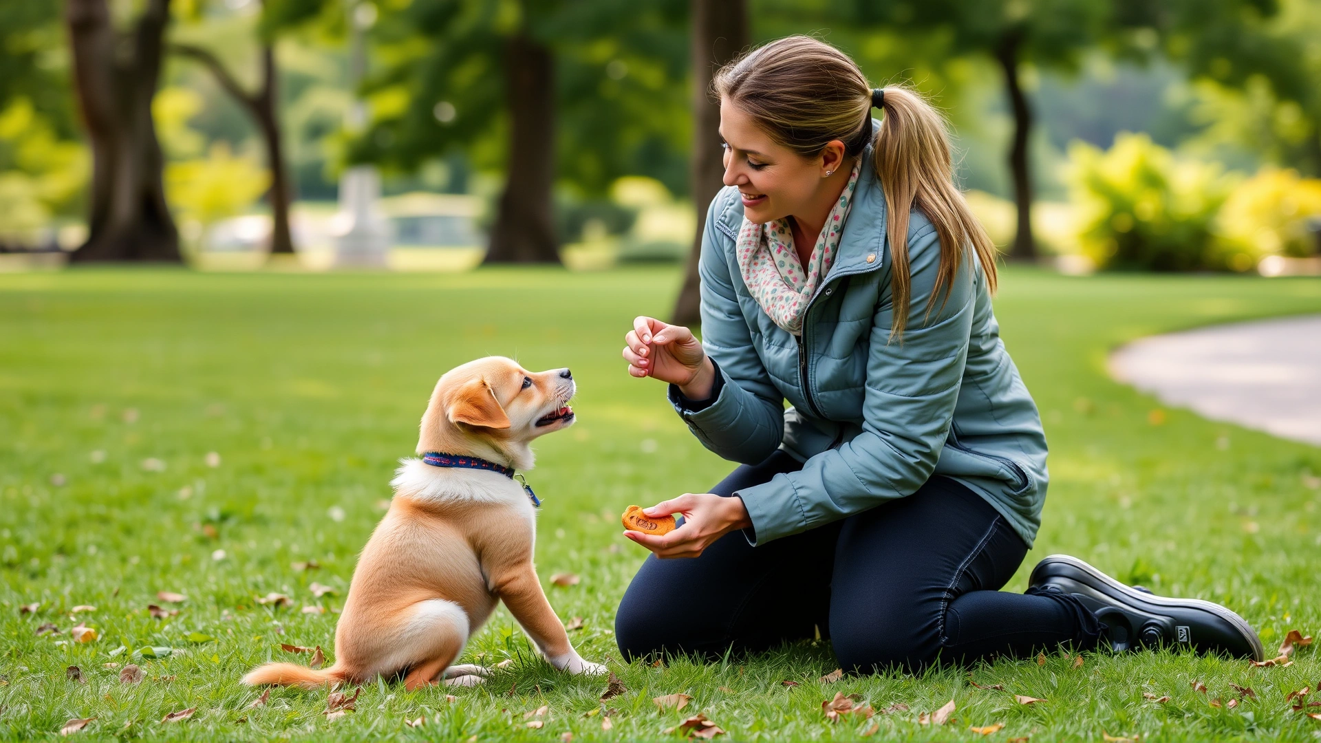 Owner kneeling in a park teaching a small puppy the 'sit' command with a treat in hand.