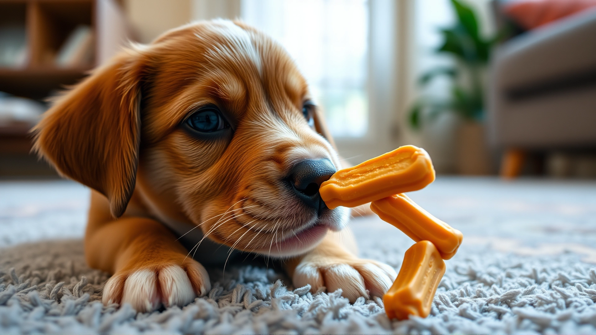 Close-up of a puppy receiving a treat while sitting indoors on a soft rug, highlighting early stay training at home.