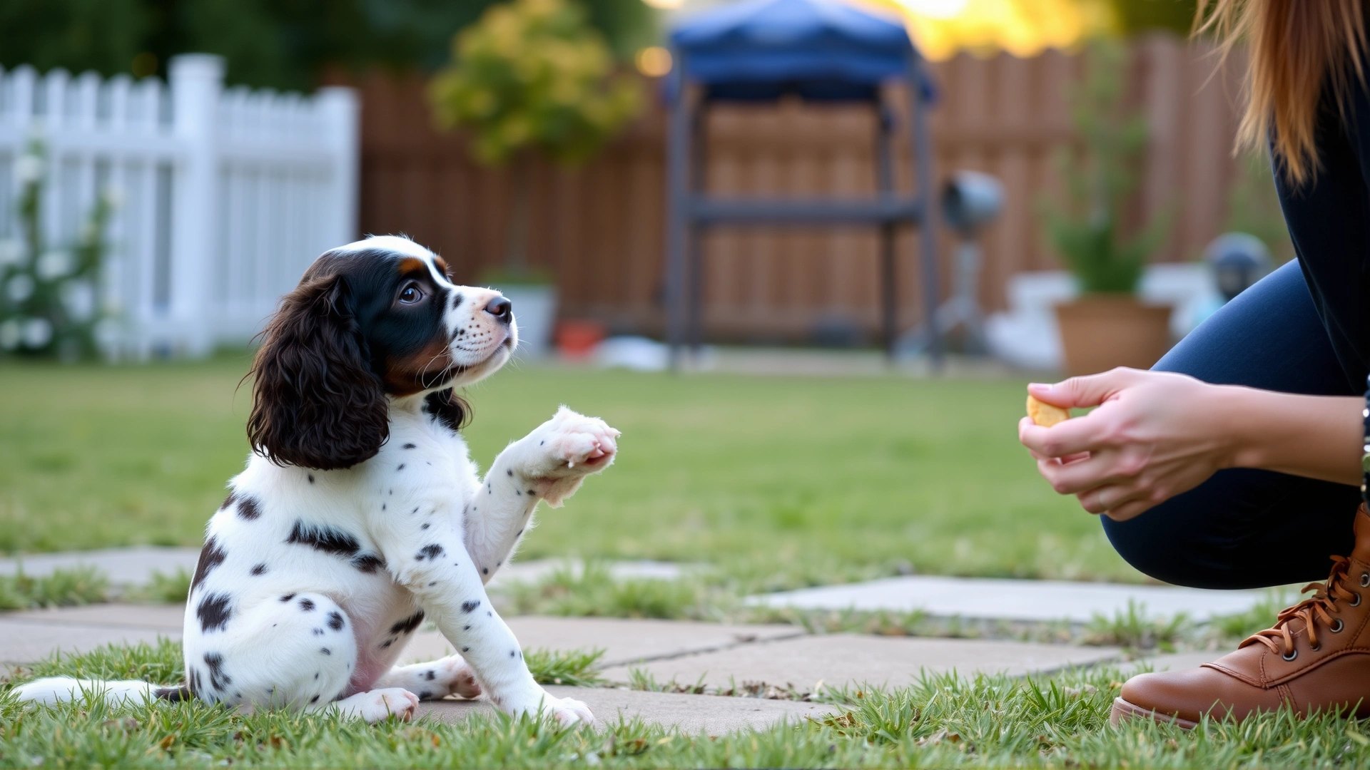 An American Water Spaniel puppy performing a sit command and receiving a treat from its trainer in a backyard.