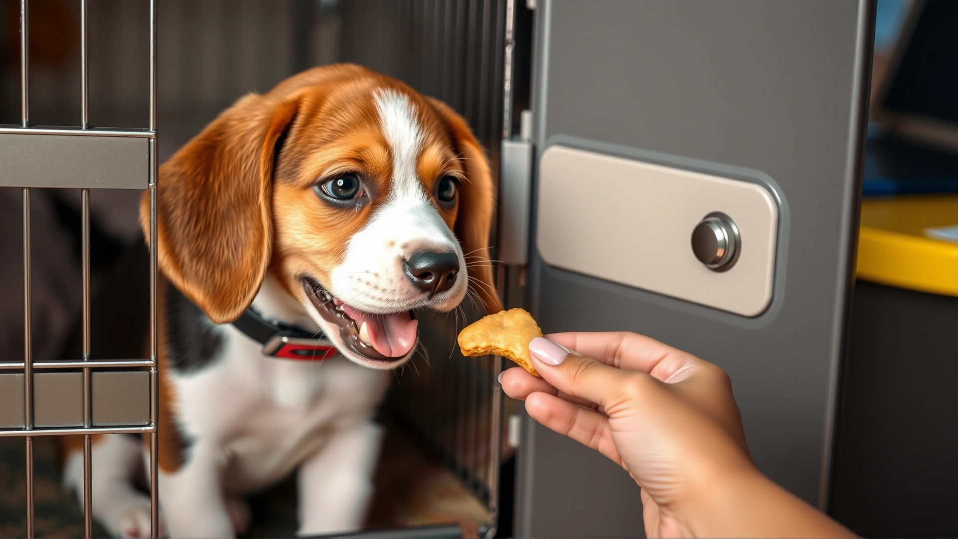 Young beagle puppy entering a crate happily while receiving a small treat from a person’s hand