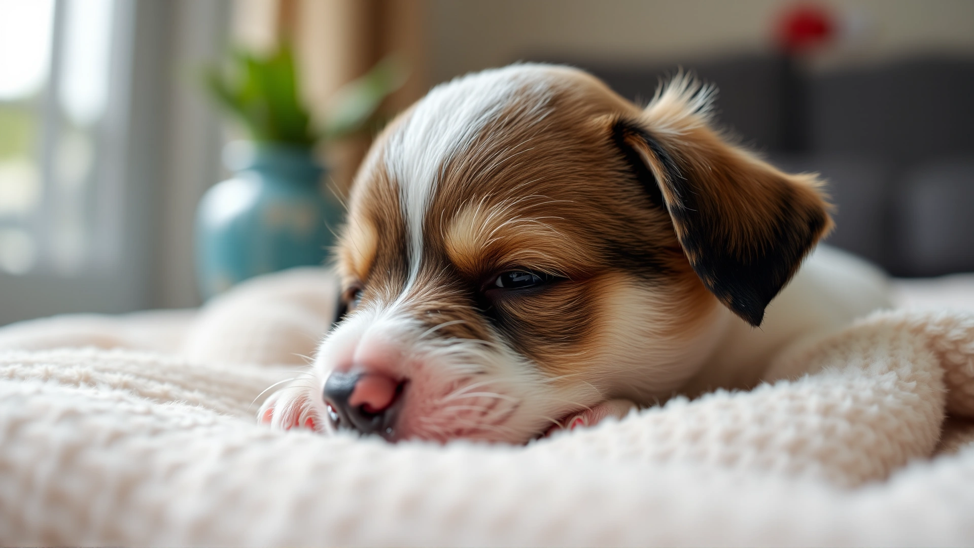 Close-up of a young puppy experiencing gentle body tremors while laying on a soft blanket, indoor natural light