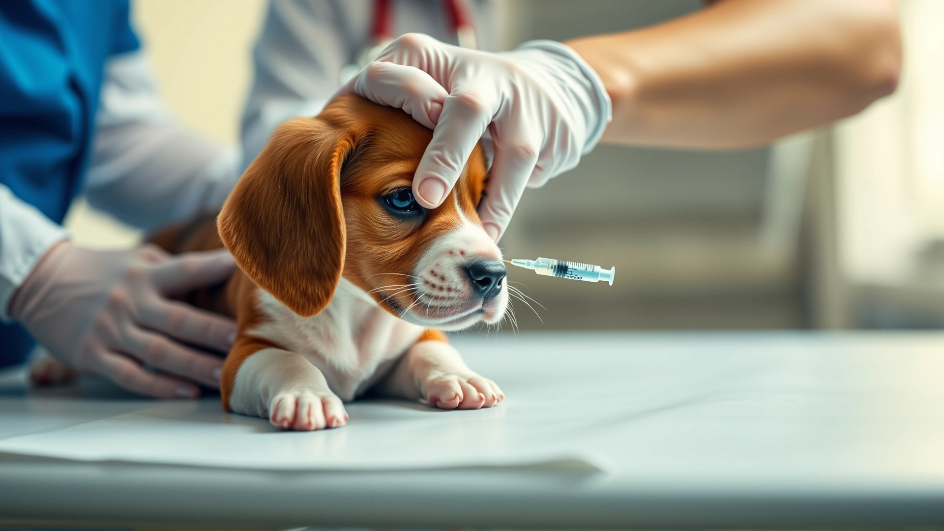 Close-up of a veterinarian giving a rabies vaccine shot to a young Beagle puppy on an exam table.