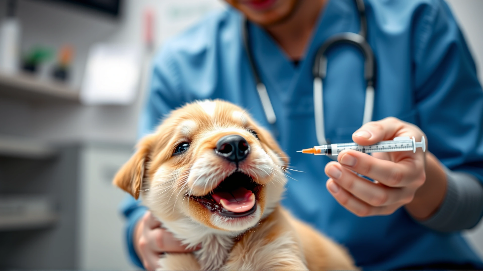 Close-up of a small playful puppy receiving its first vaccine shot from a vet, clinic background, no text.