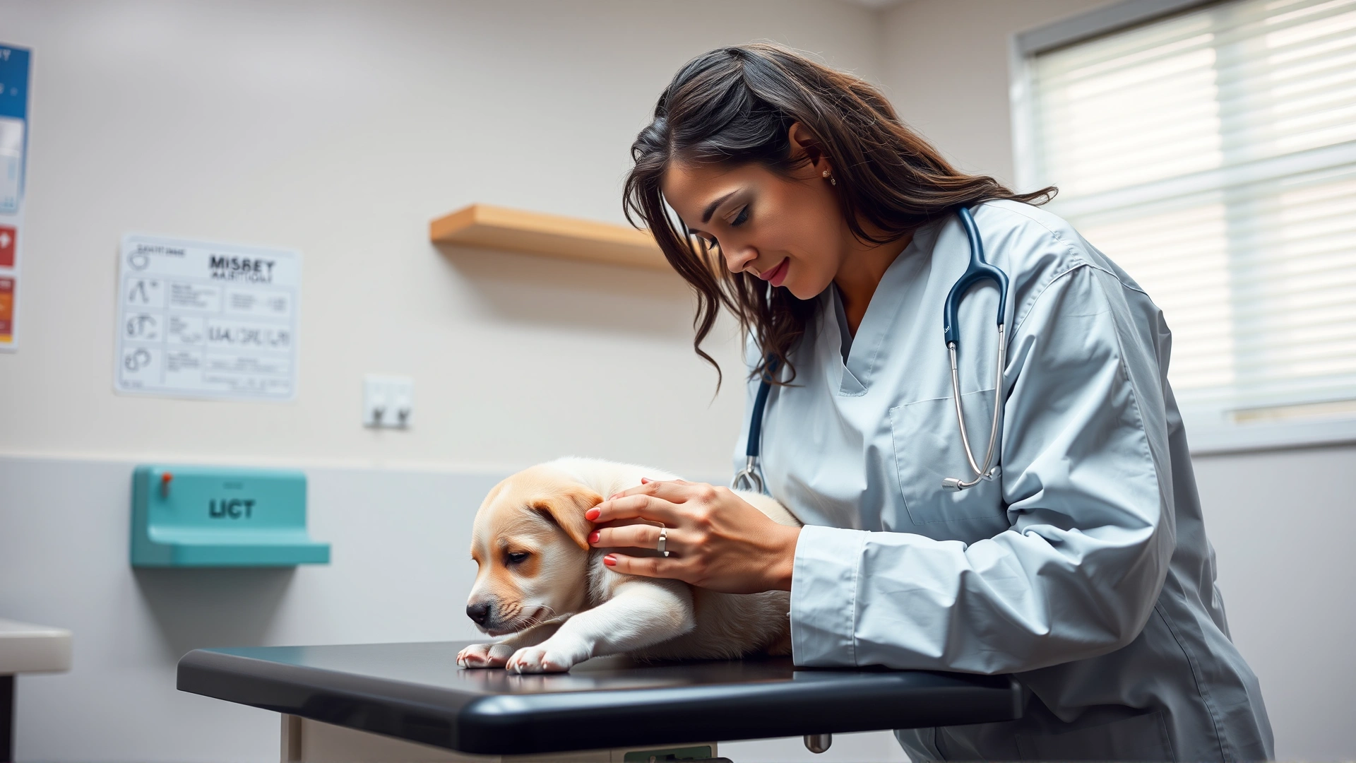 Veterinarian in a clinic gently examining a calm puppy on an exam table, conveying professional care and reassurance