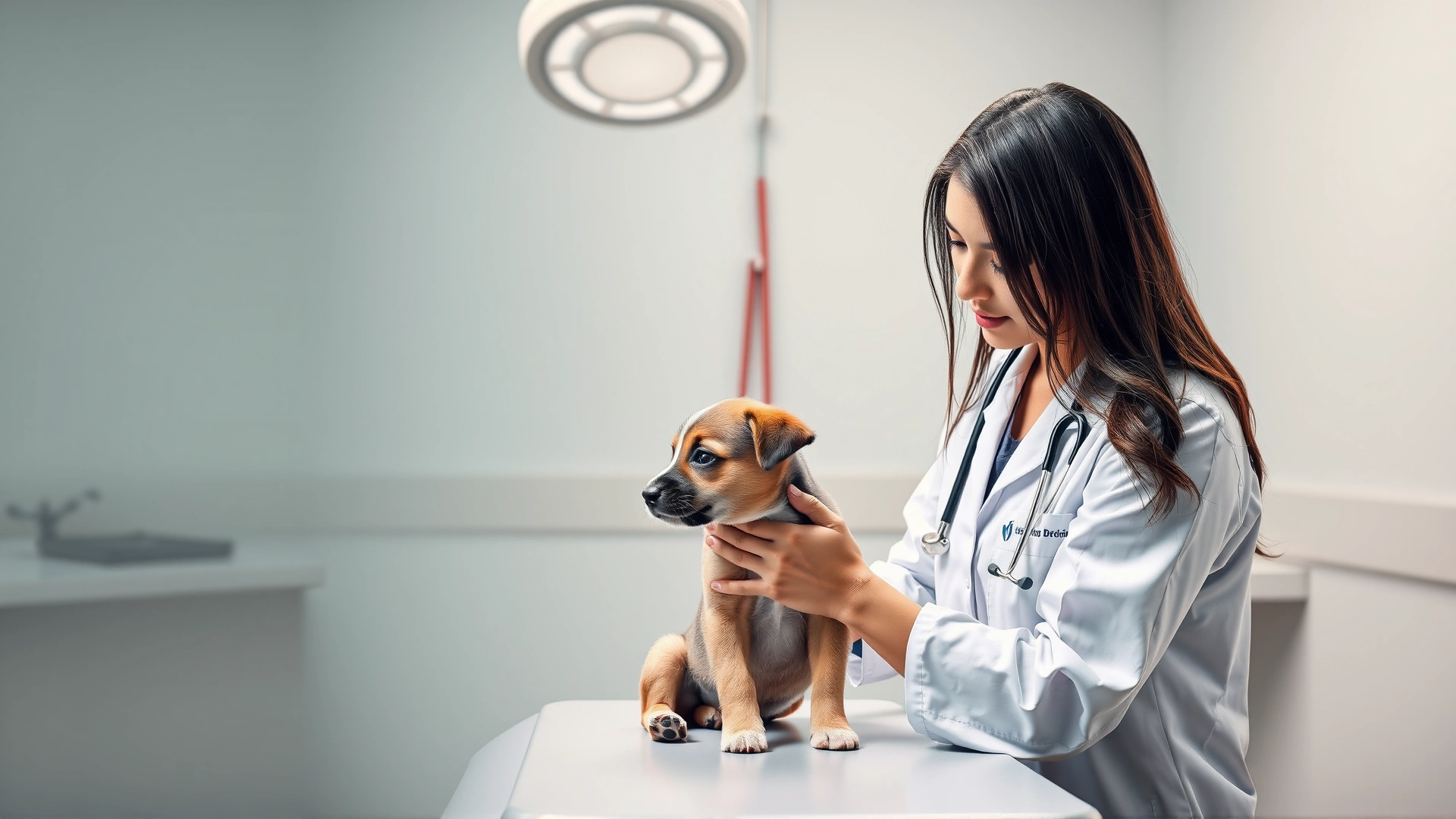 Veterinarian gently examining a small puppy on an exam table, stethoscope visible, warm clinic lighting, no text