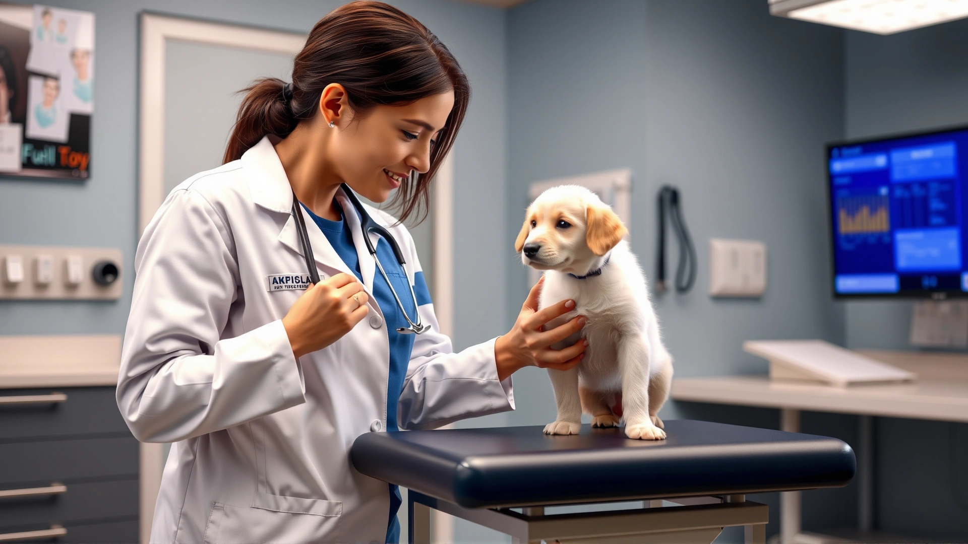 Veterinarian gently measuring a puppy’s height on an examination table in a modern clinic.