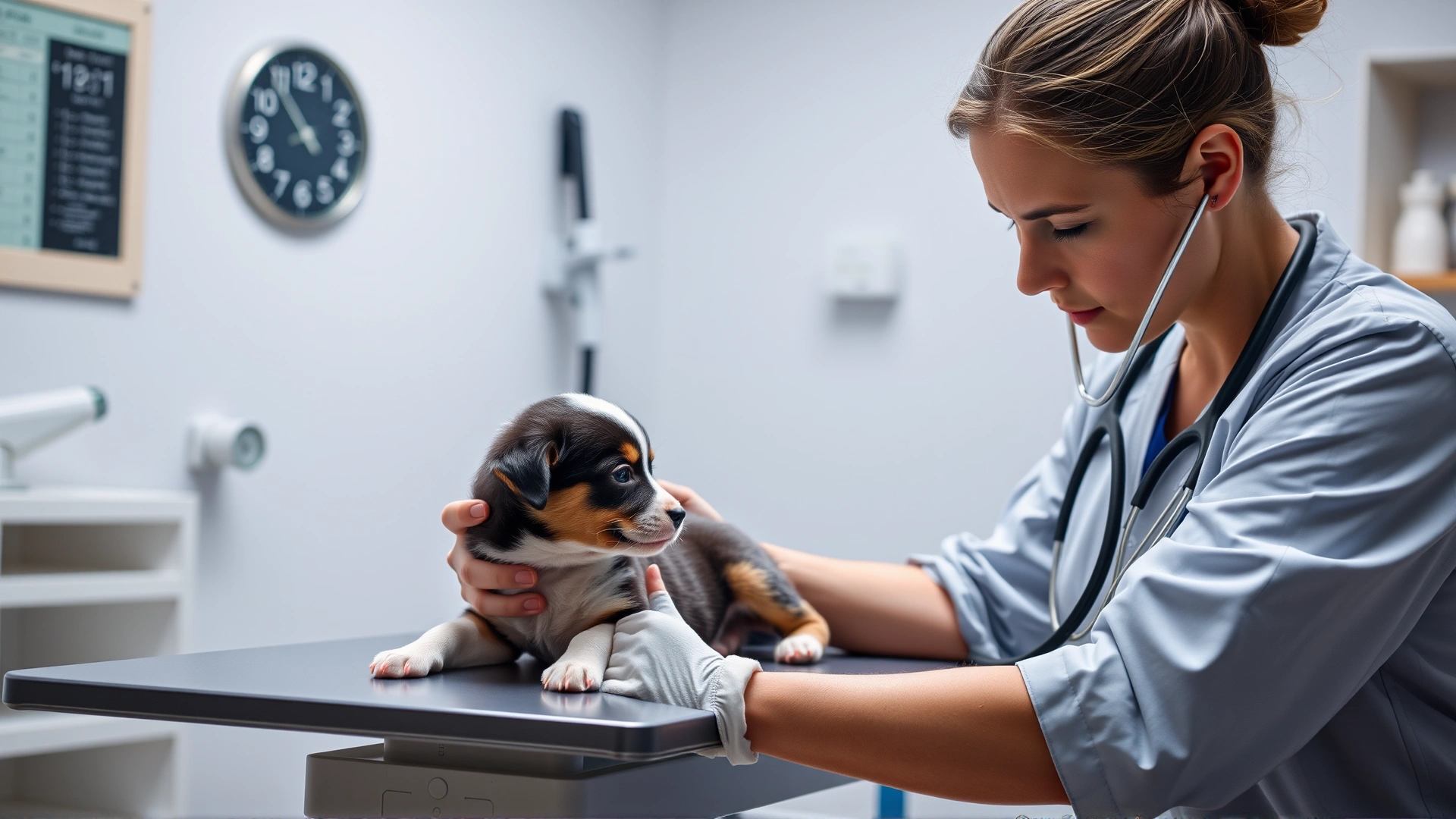 Veterinarian in a clinic gently examining a 6-week-old puppy on the table, stethoscope visible