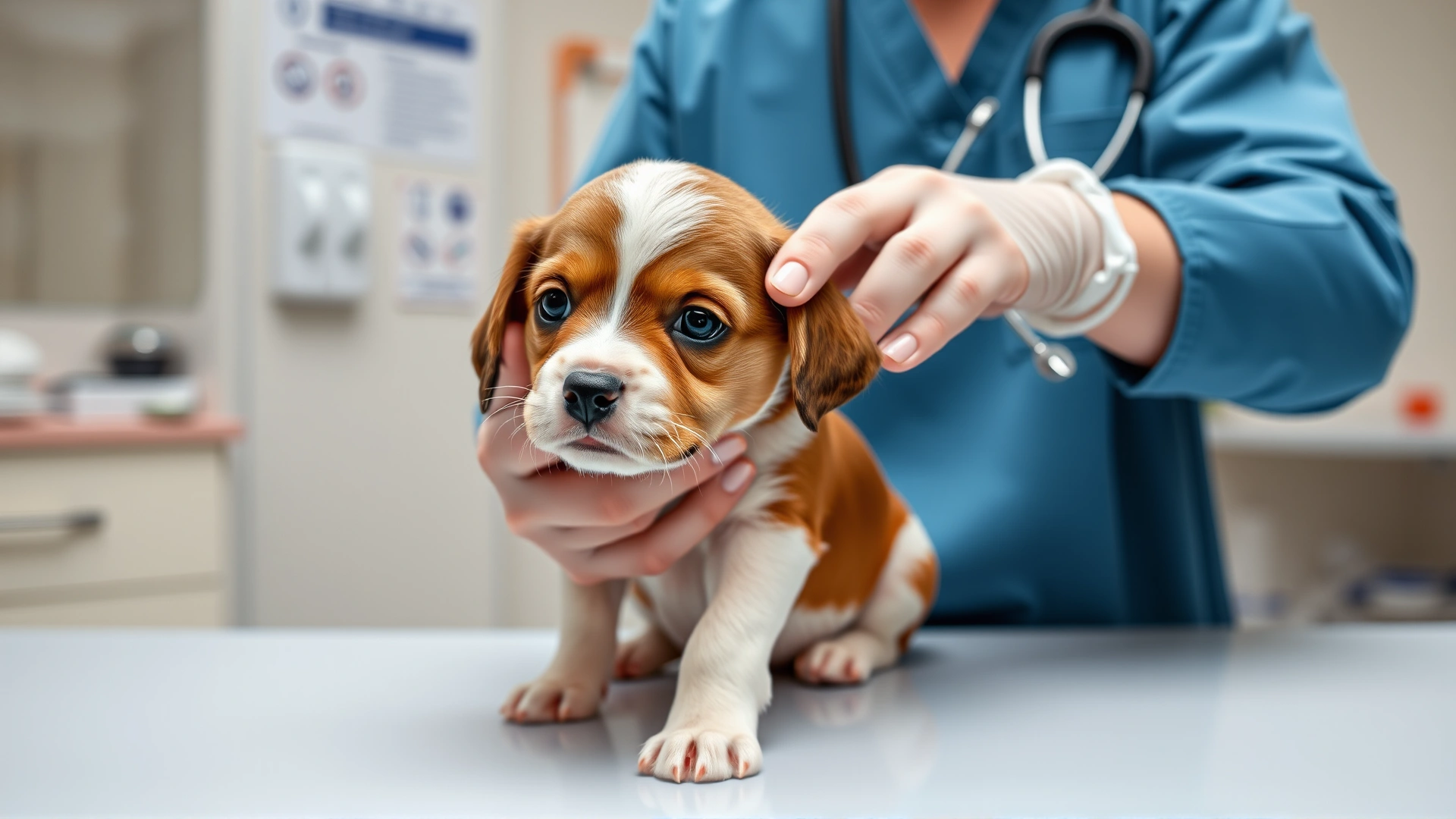 Wide shot of veterinarian holding a small brown and white puppy on exam table preparing to administer vaccine, clinic background