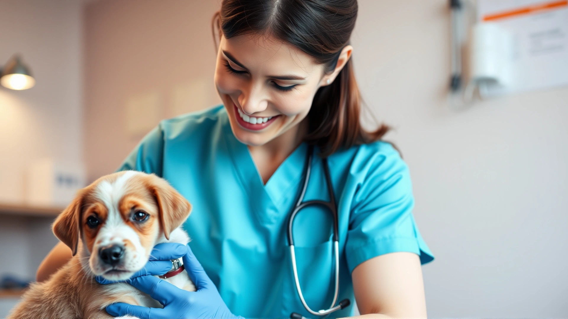 Veterinarian smiling while examining a young puppy in clinic