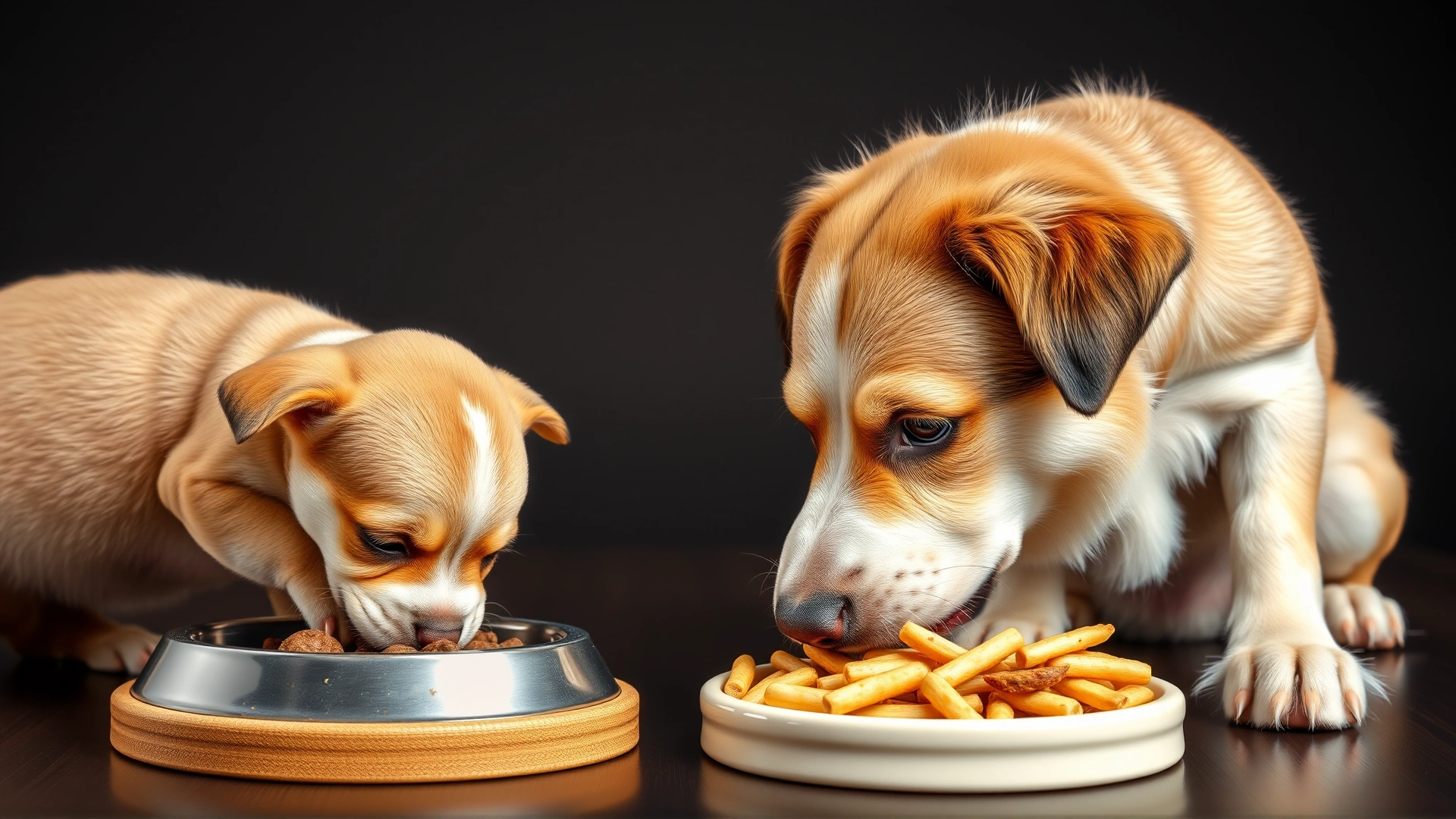 Side-by-side shot of a small puppy and a mature dog eating from their respective bowls, emphasizing size and food differences.