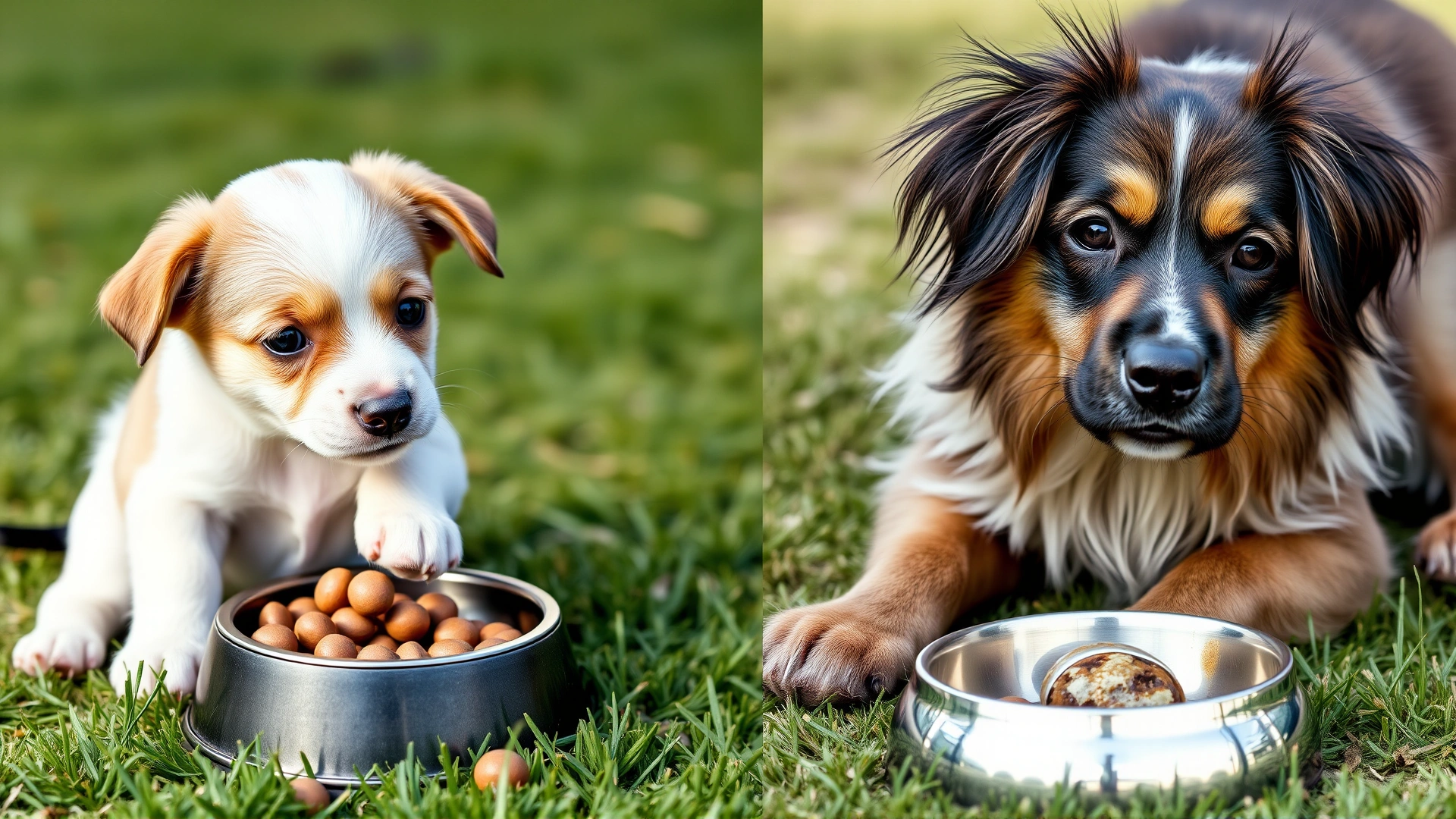 Split-frame image: on the left a playful puppy with a small food bowl, on the right a calm senior dog with a differently sized bowl, outdoor grass background.