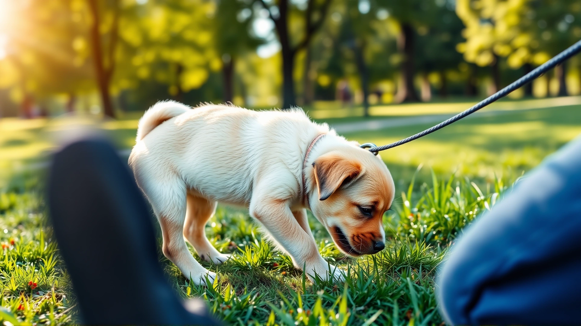 A young playful puppy sniffing grass while on a short leash held by a crouching owner in a bright morning park, no text