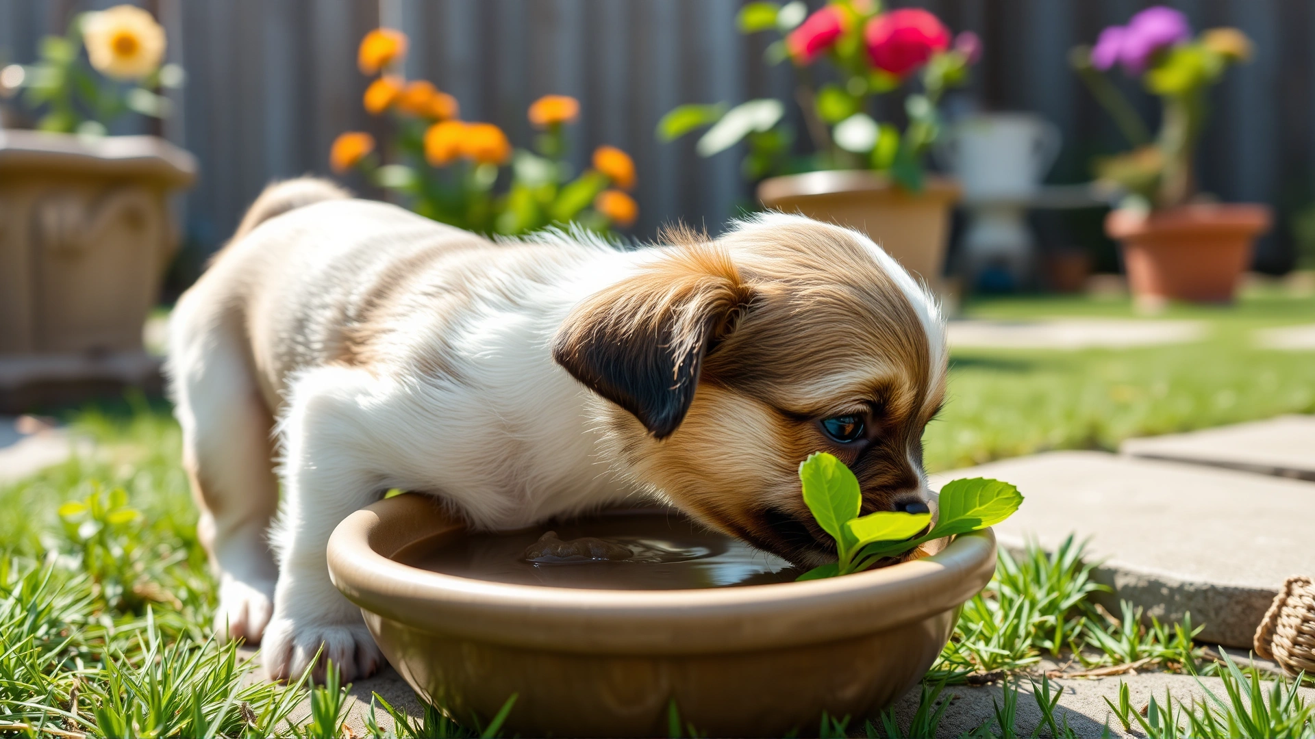 Cute puppy drinking fresh water from a ceramic bowl in a backyard garden on a sunny day