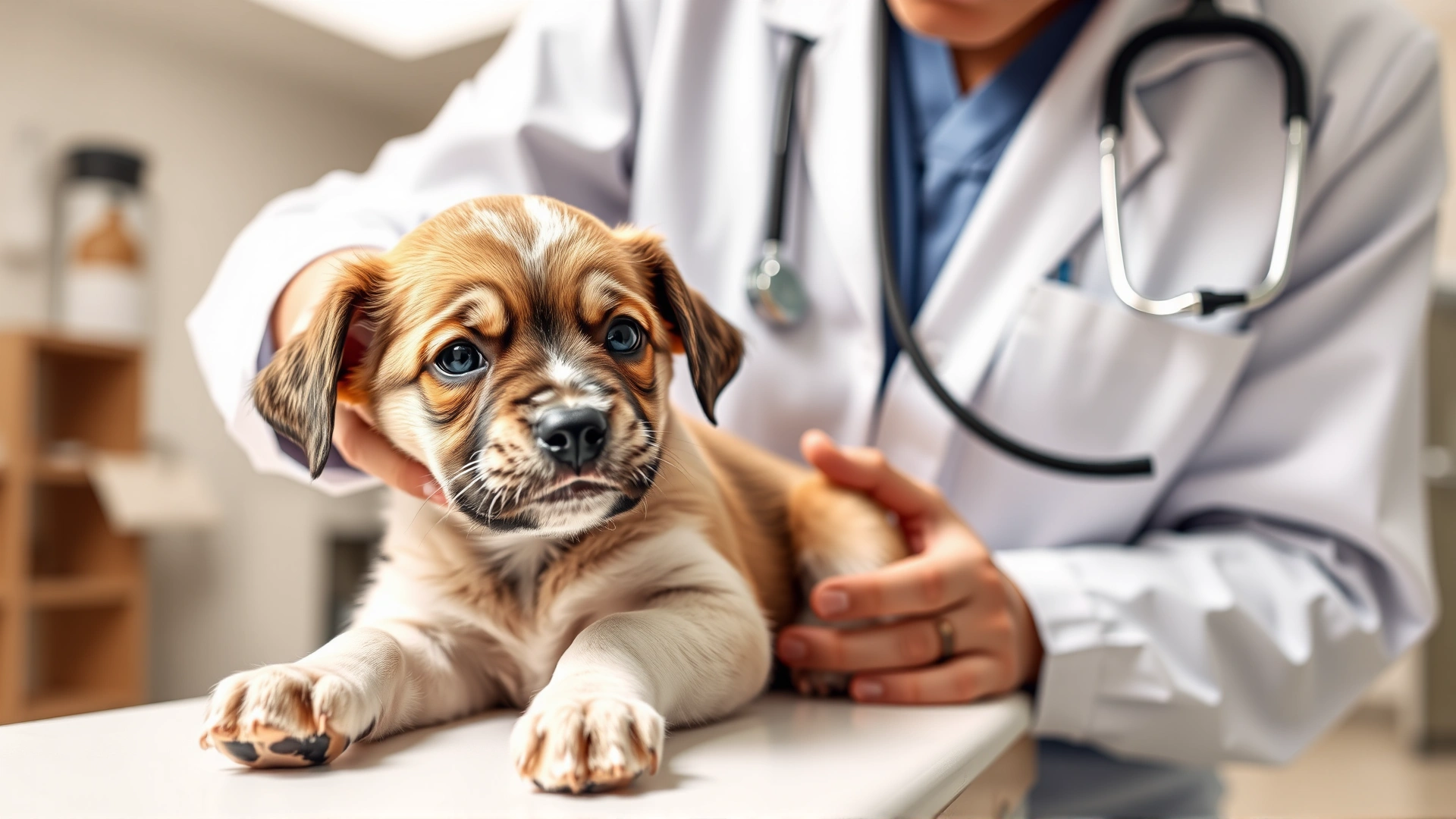 Close-up photo of a veterinarian gently examining a young puppy on an exam table; stethoscope visible, bright clinic background.