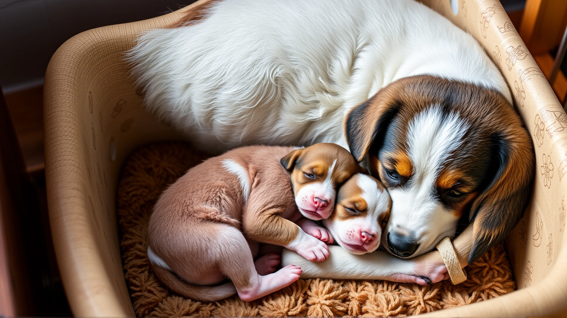 Newborn puppy snuggling with its mother dog inside a warm whelping box, highlighting maternal care and bonding