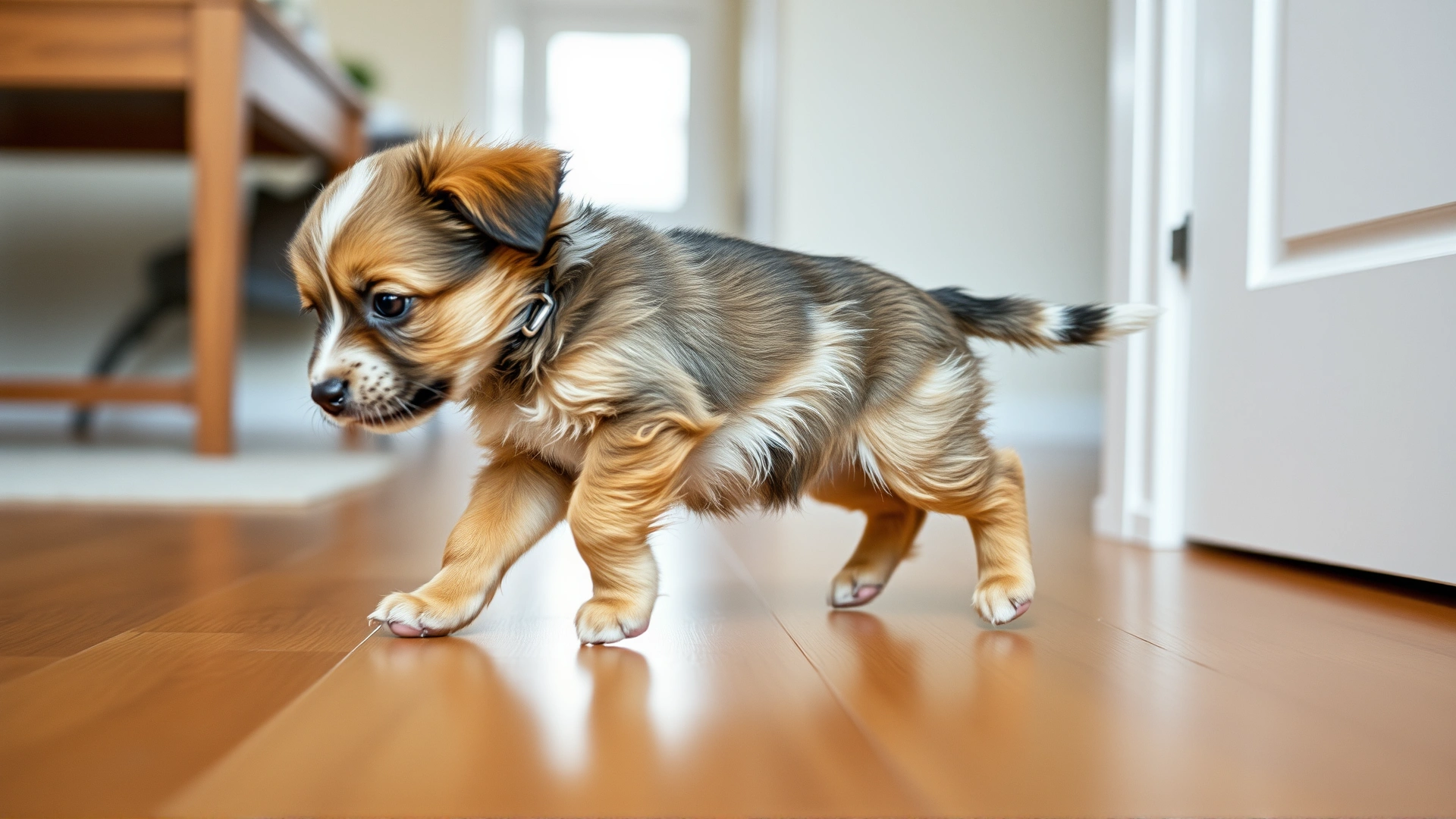 A playful yet unsteady puppy attempting to walk across a wooden floor, slight motion blur to emphasize wobble