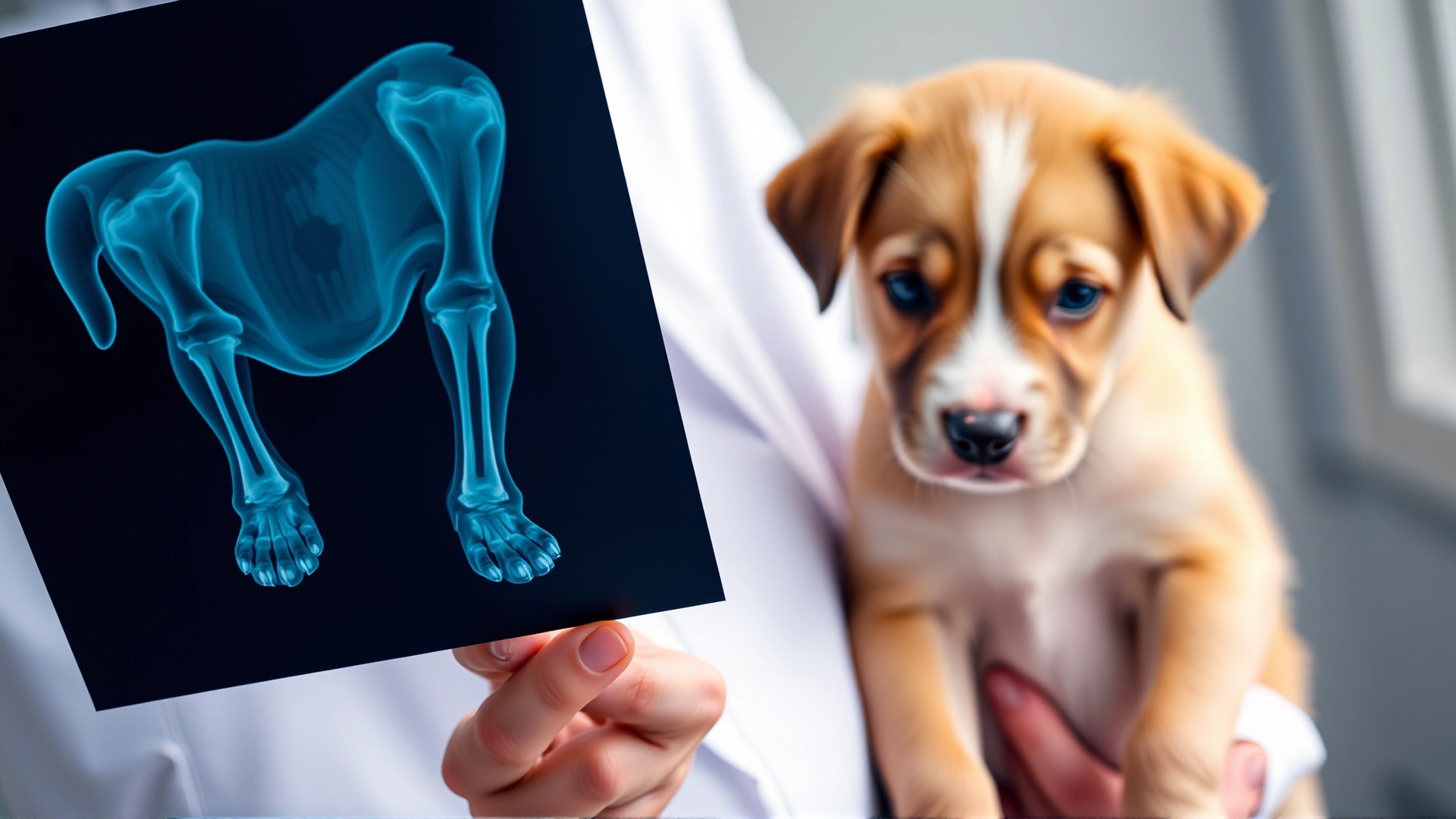 Veterinarian holding an X-ray film of a puppy’s limbs, with the puppy visible in the background.