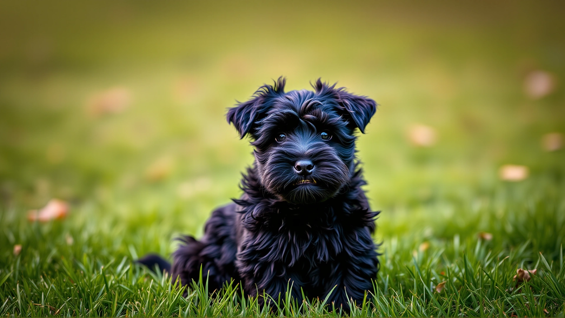 Adorable Black Russian Terrier puppy sitting on lush grass, tilted head expression, shallow depth of field.