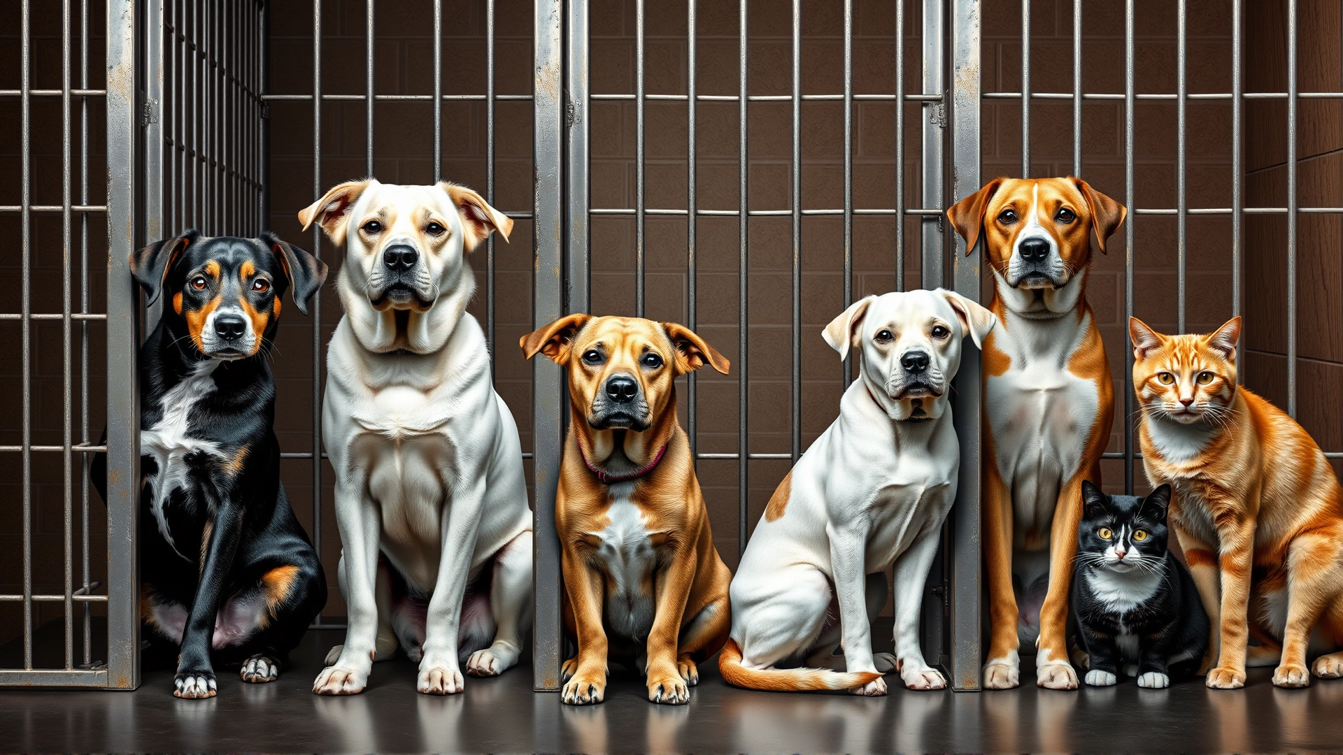 Collage-style image showing several purebred dogs and cats sitting calmly in individual shelter kennels, demonstrating breed diversity