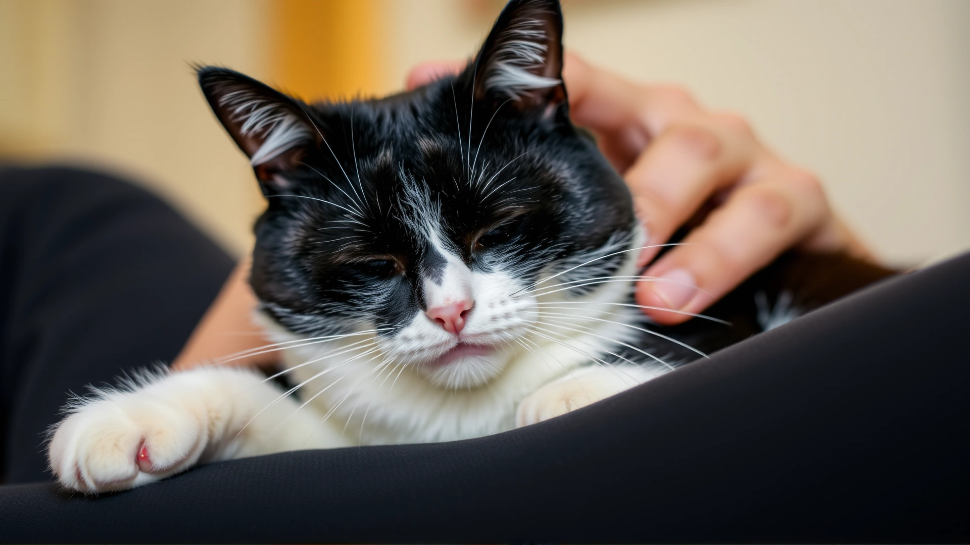 Black and white cat lying on a human's lap being gently stroked, eyes half-closed while purring, warm indoor lighting, no text