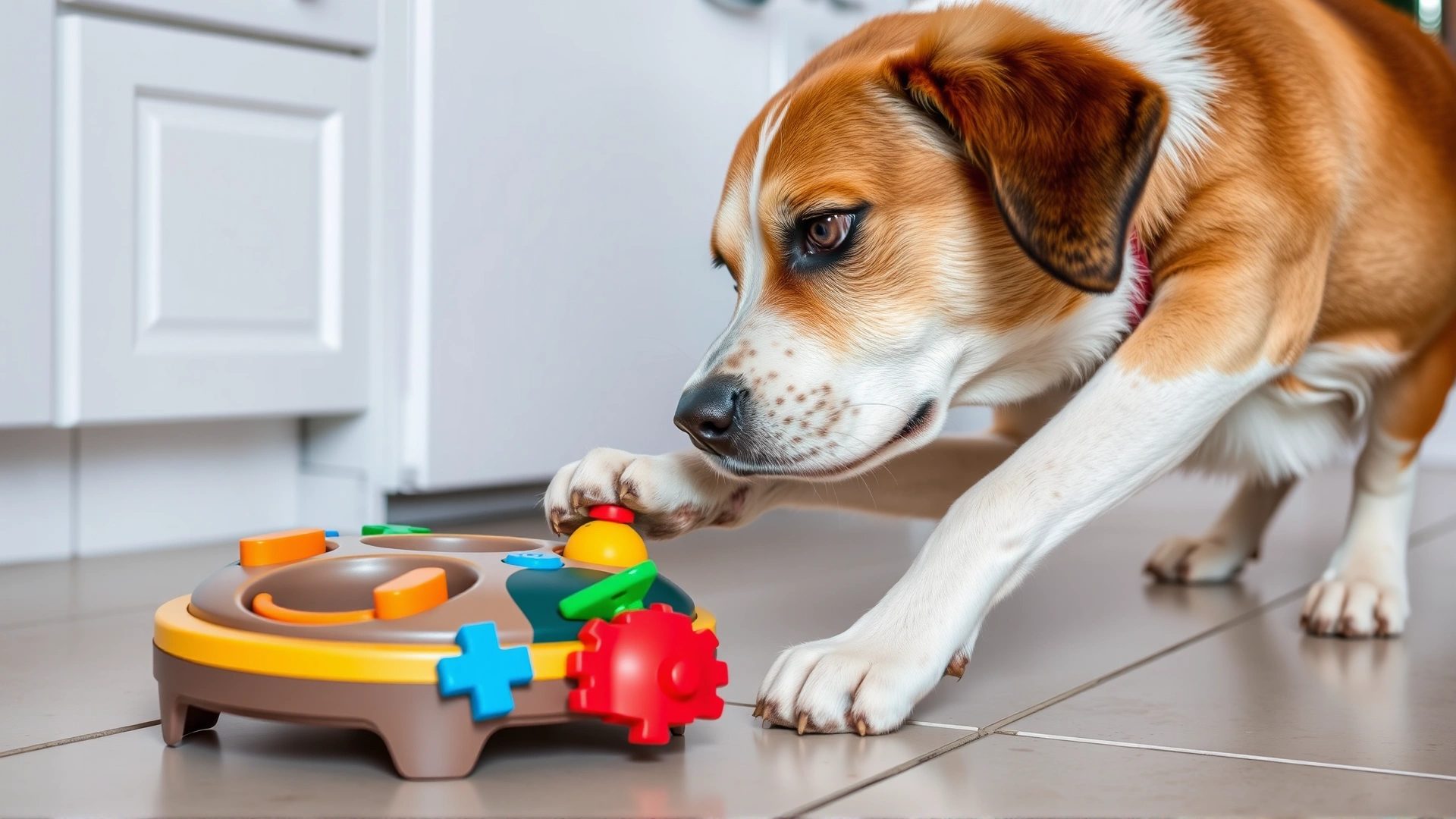 Dog pawing and nose-bumping a colorful puzzle feeder toy on a tiled kitchen floor, focused expression.