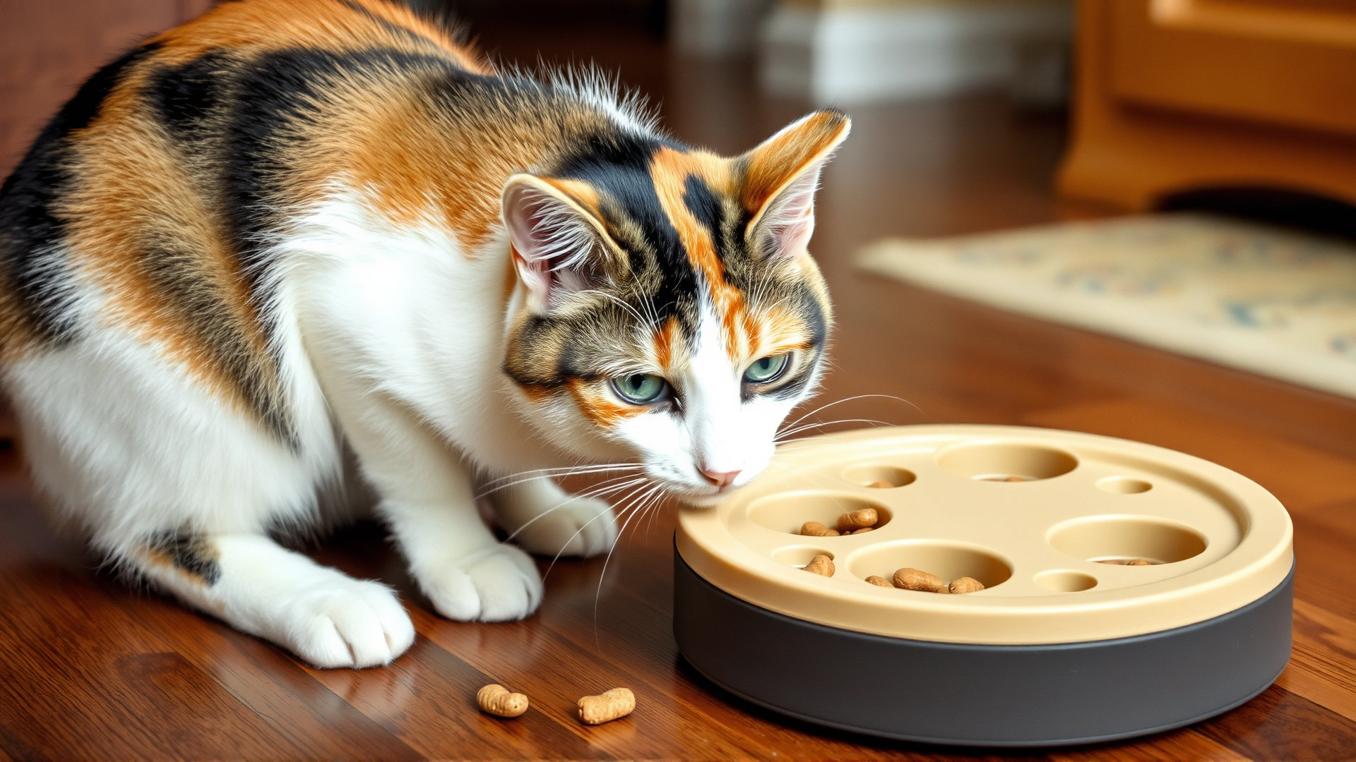 Calico cat interacting with a puzzle feeder toy on a hardwood floor, pieces of kibble visible.