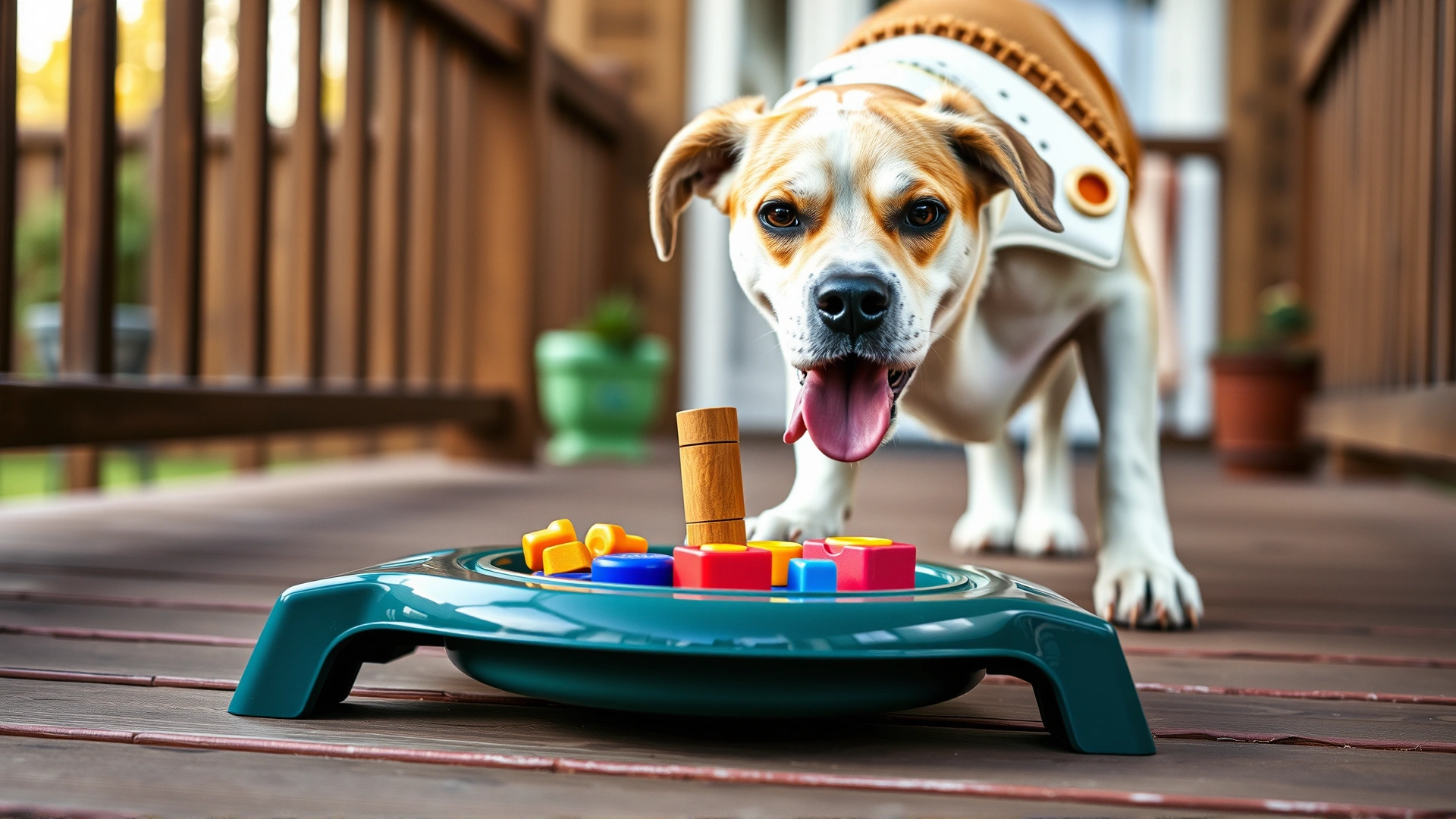 A curious dog interacting with a colorful puzzle feeder toy on a wooden porch