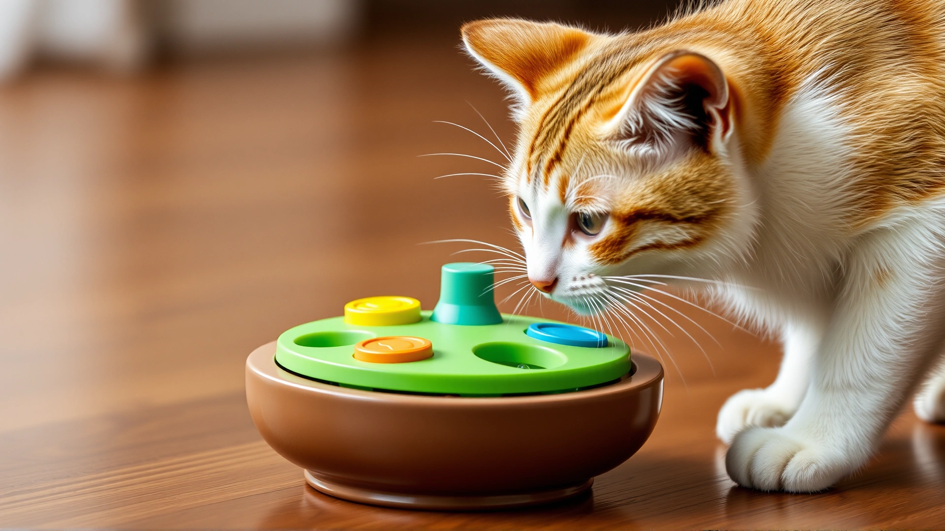 A cat interacting with a colorful puzzle feeder toy
