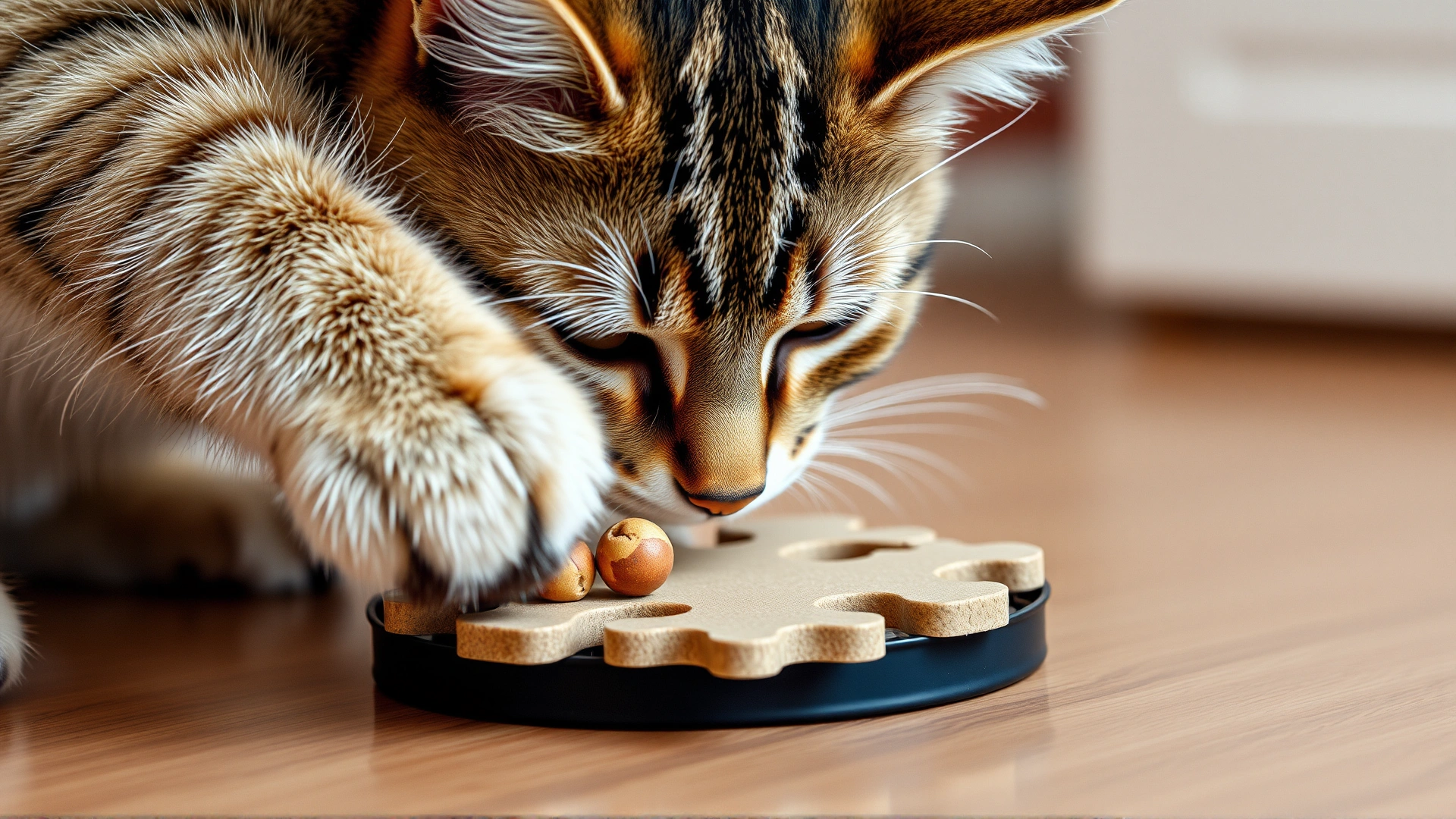 Close-up of a curious cat pawing at a puzzle feeder with kibble inside
