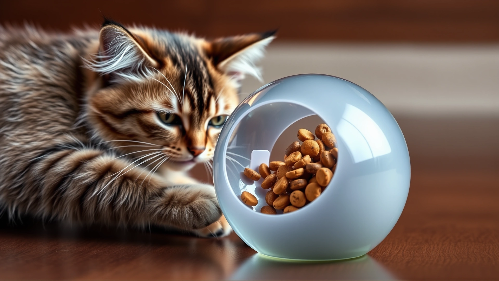 Cat interacting with a transparent puzzle feeder ball with kibble visible inside, illustrating mental enrichment.