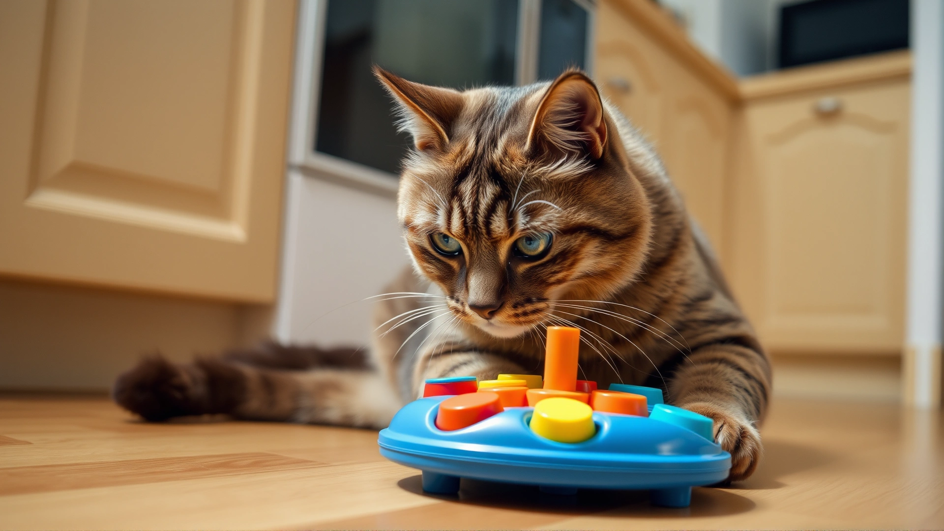 Brown domestic cat engaging with a colorful puzzle feeder toy on the kitchen floor.