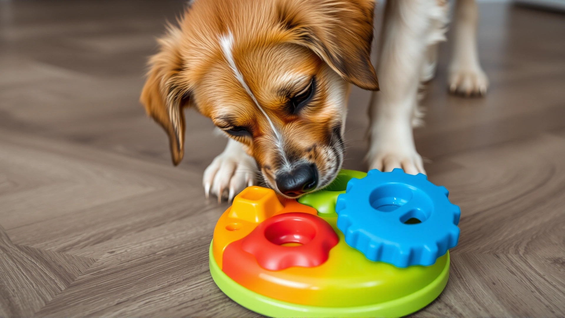 Close-up of a dog engaging with a colorful puzzle feeder toy on the floor