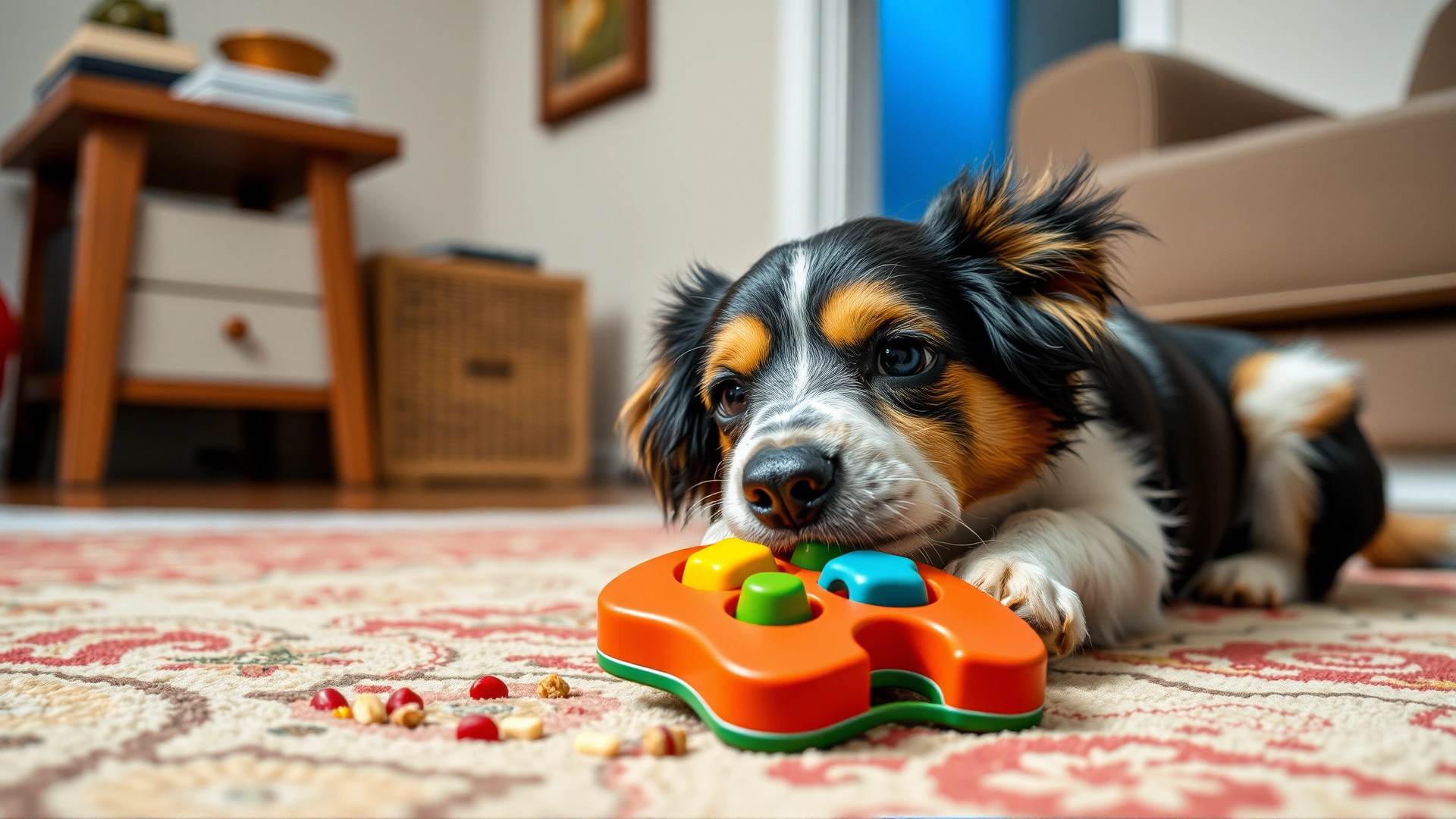 Indoor scene of a dog engaging with a colorful food puzzle toy on a rug.
