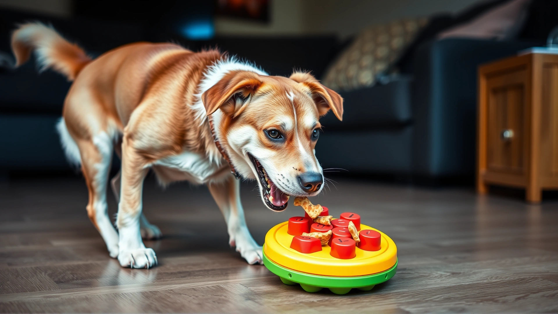 Happy dog interacting with a colorful treat-dispensing puzzle toy on a living-room floor, showcasing mental stimulation.