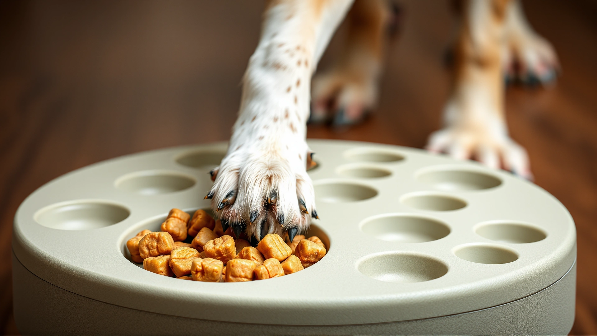 Close-up of a treat-dispensing puzzle toy filled with kibble, with a dog’s paw touching it, demonstrating mental engagement.