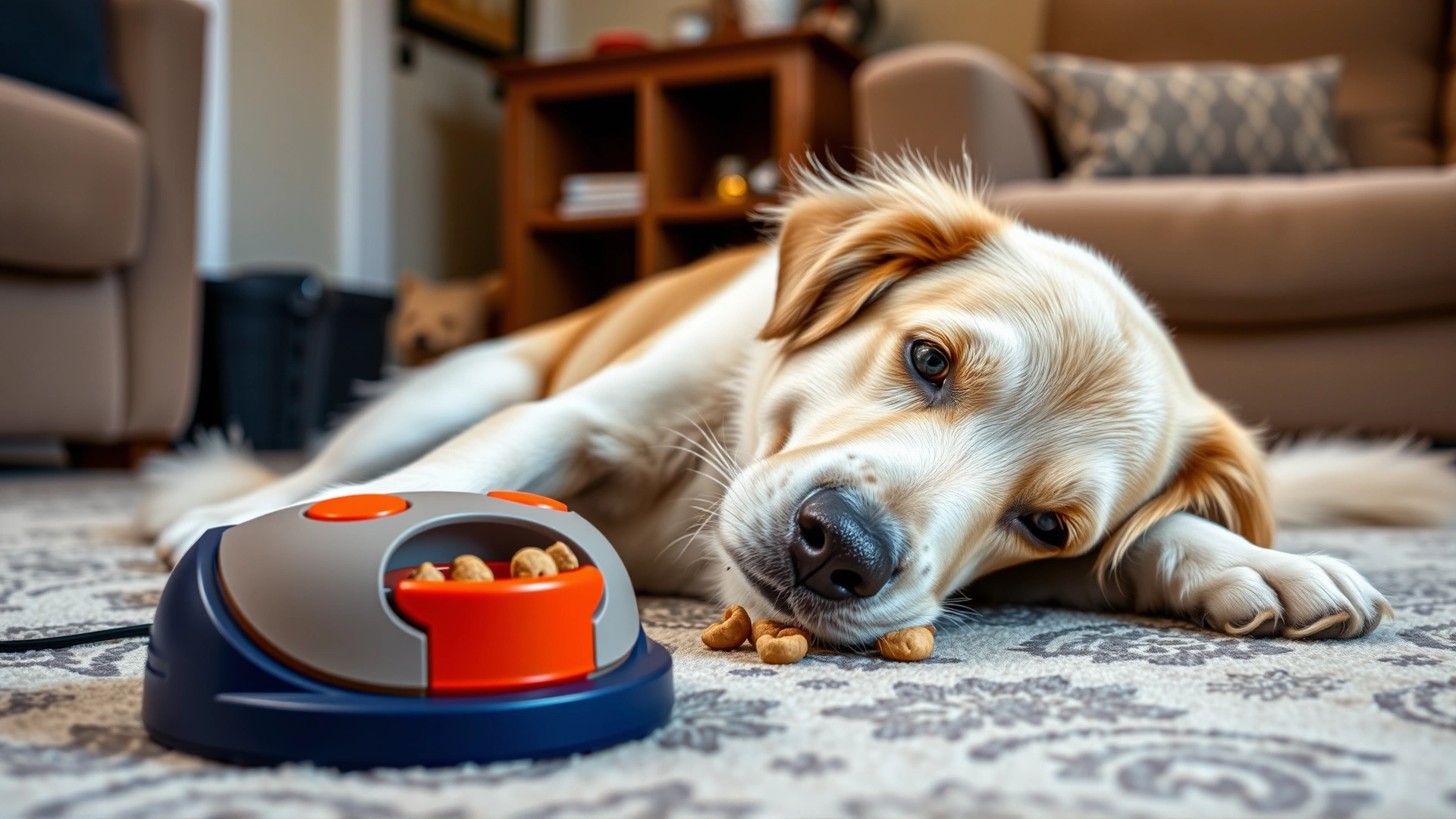 Dog lying on living room floor engaging with an interactive puzzle toy that dispenses kibble, cozy home environment.