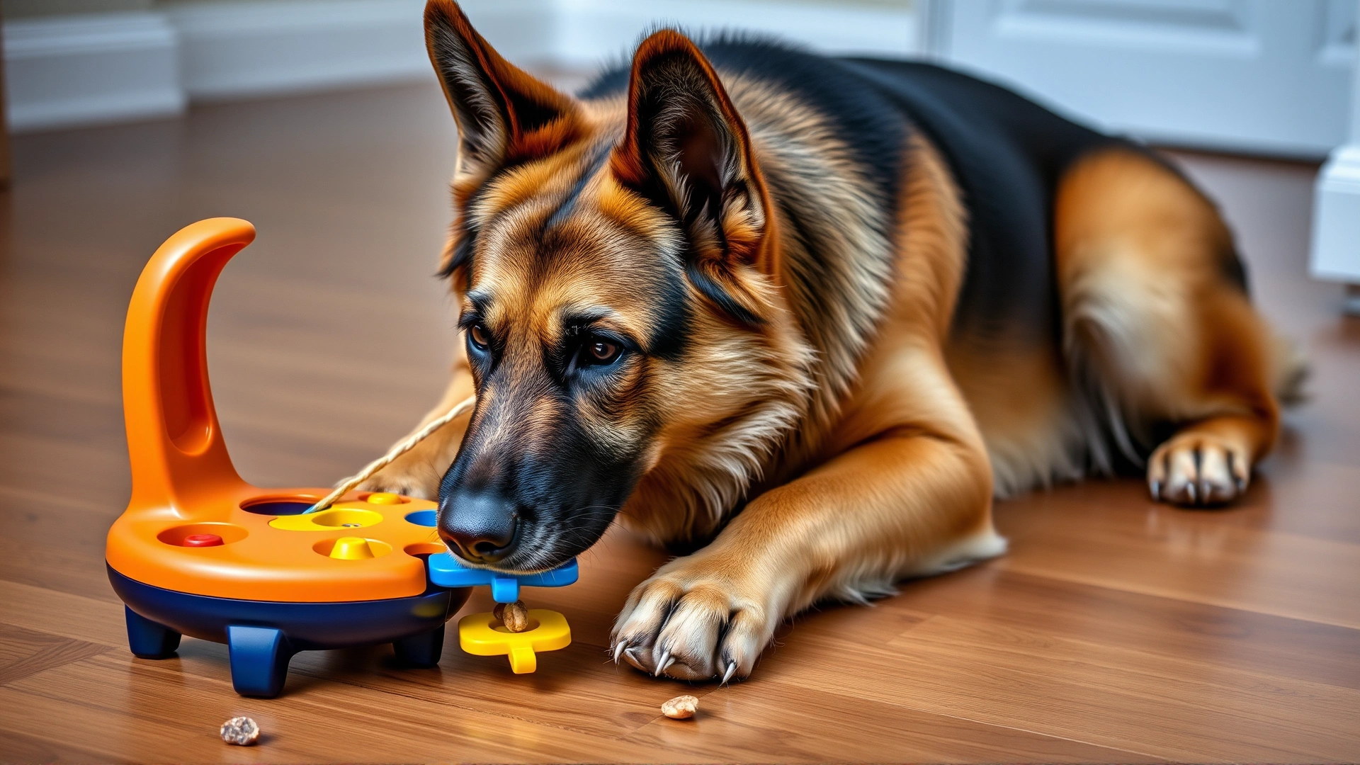 German Shepherd concentrating on a colorful puzzle toy that dispenses treats, indoors on wooden floor