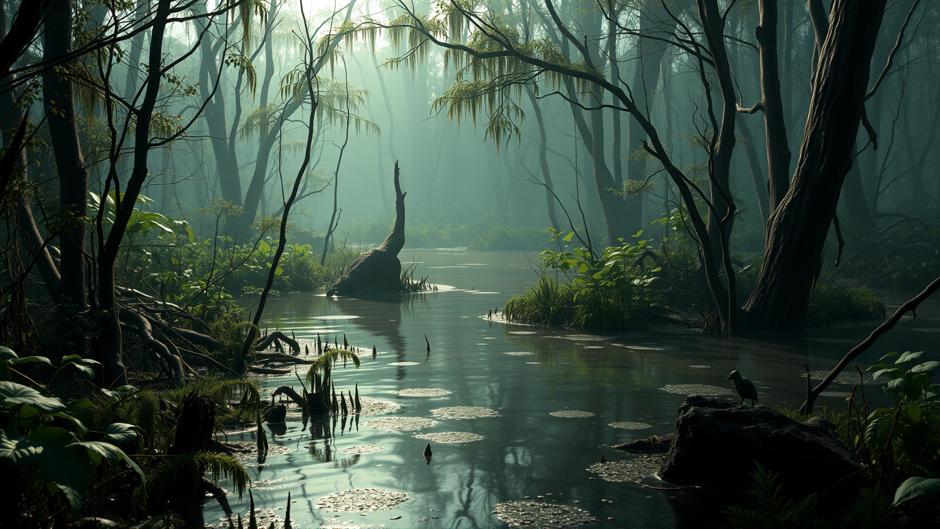 Dense swamp environment with murky water and vegetation, where Pythiosis thrives
