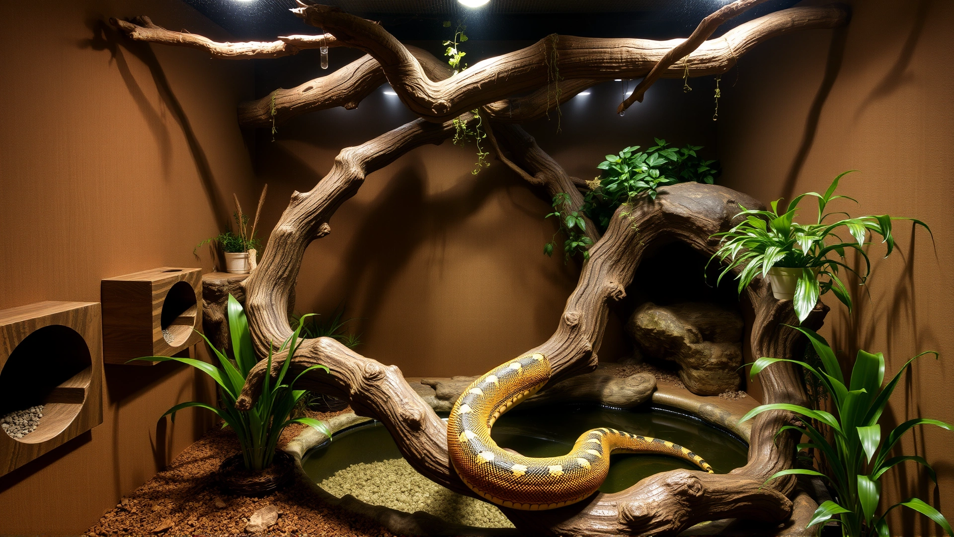 Large custom indoor reptile enclosure with branches, hide boxes, and a water pool, housing an adult reticulated python.
