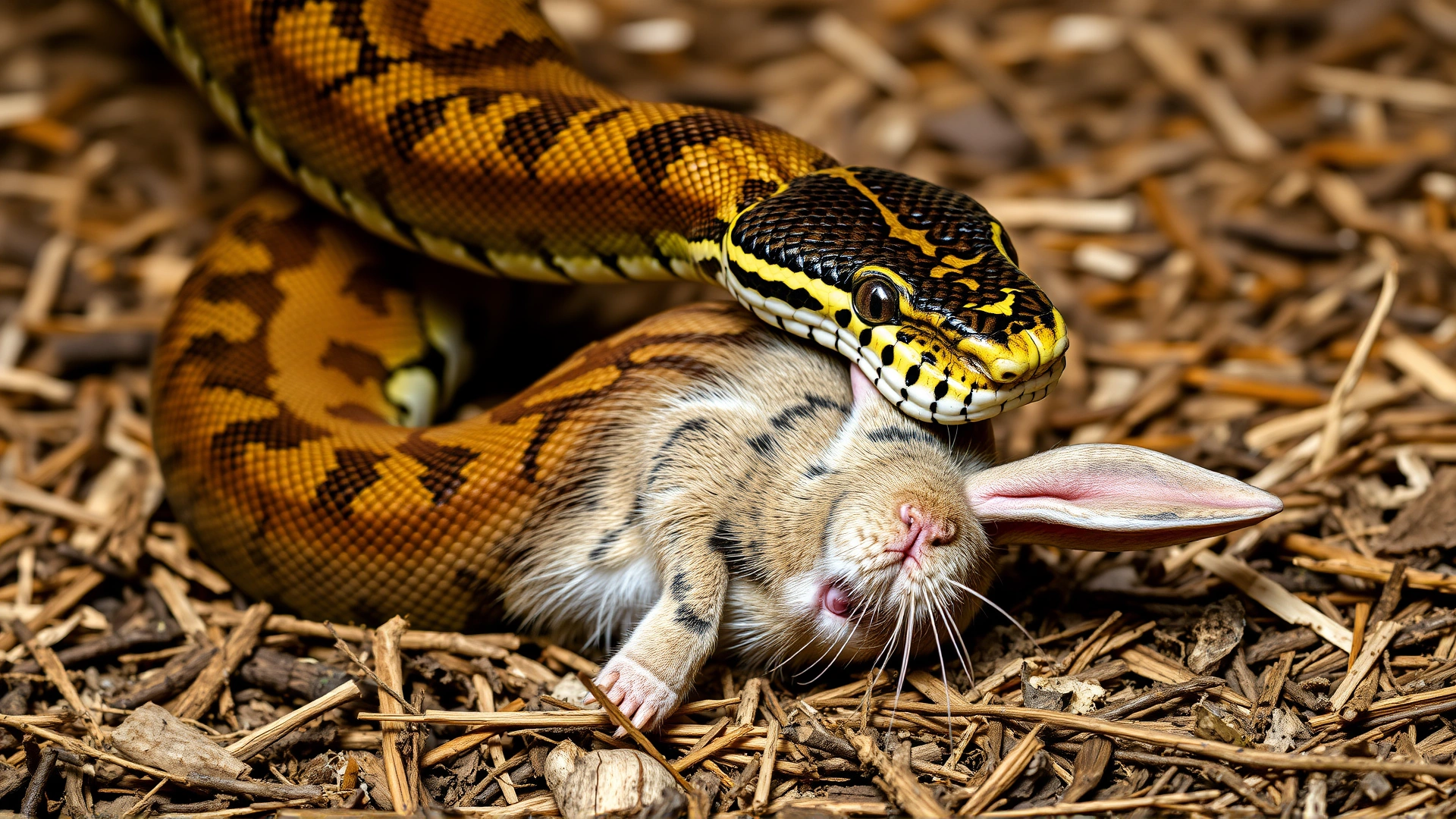 Adult reticulated python swallowing a rabbit headfirst on a substrate of aspen bedding, shot from a safe side angle.