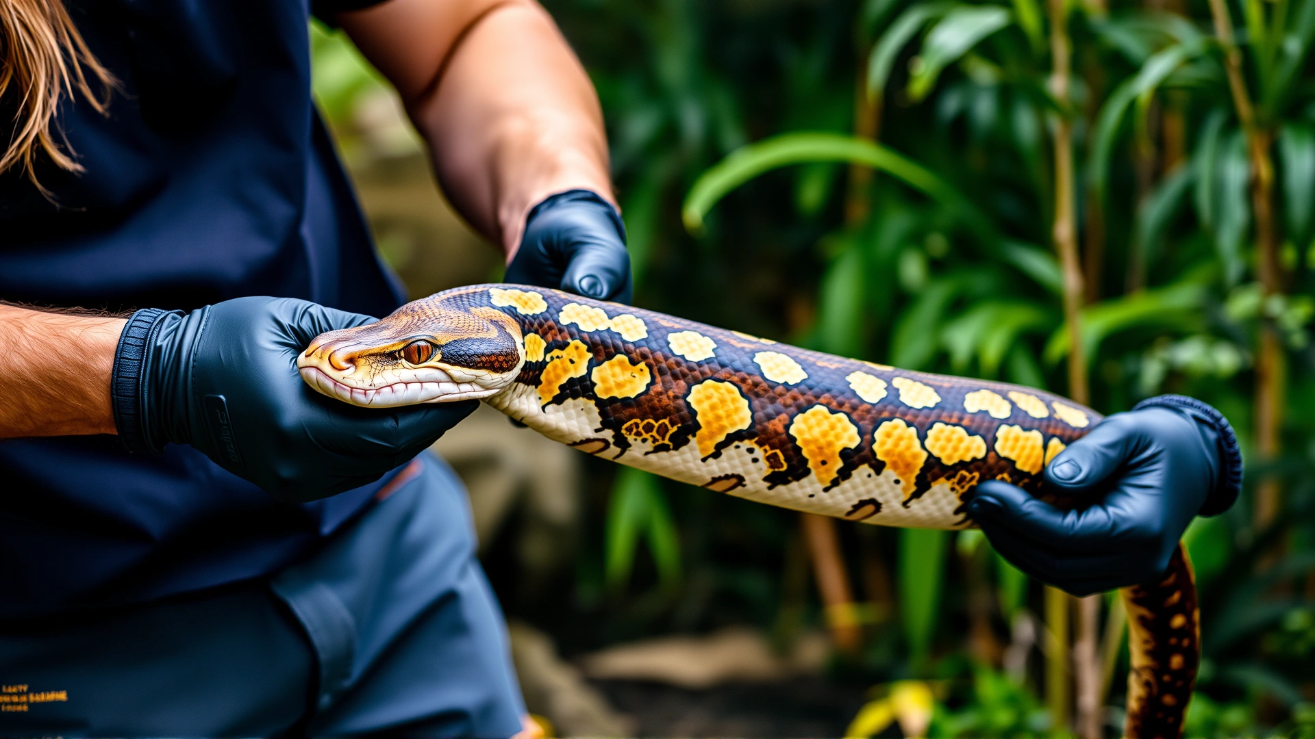 Experienced reptile keeper wearing protective gloves supporting a mid-body section of a large reticulated python, with a second person assisting.