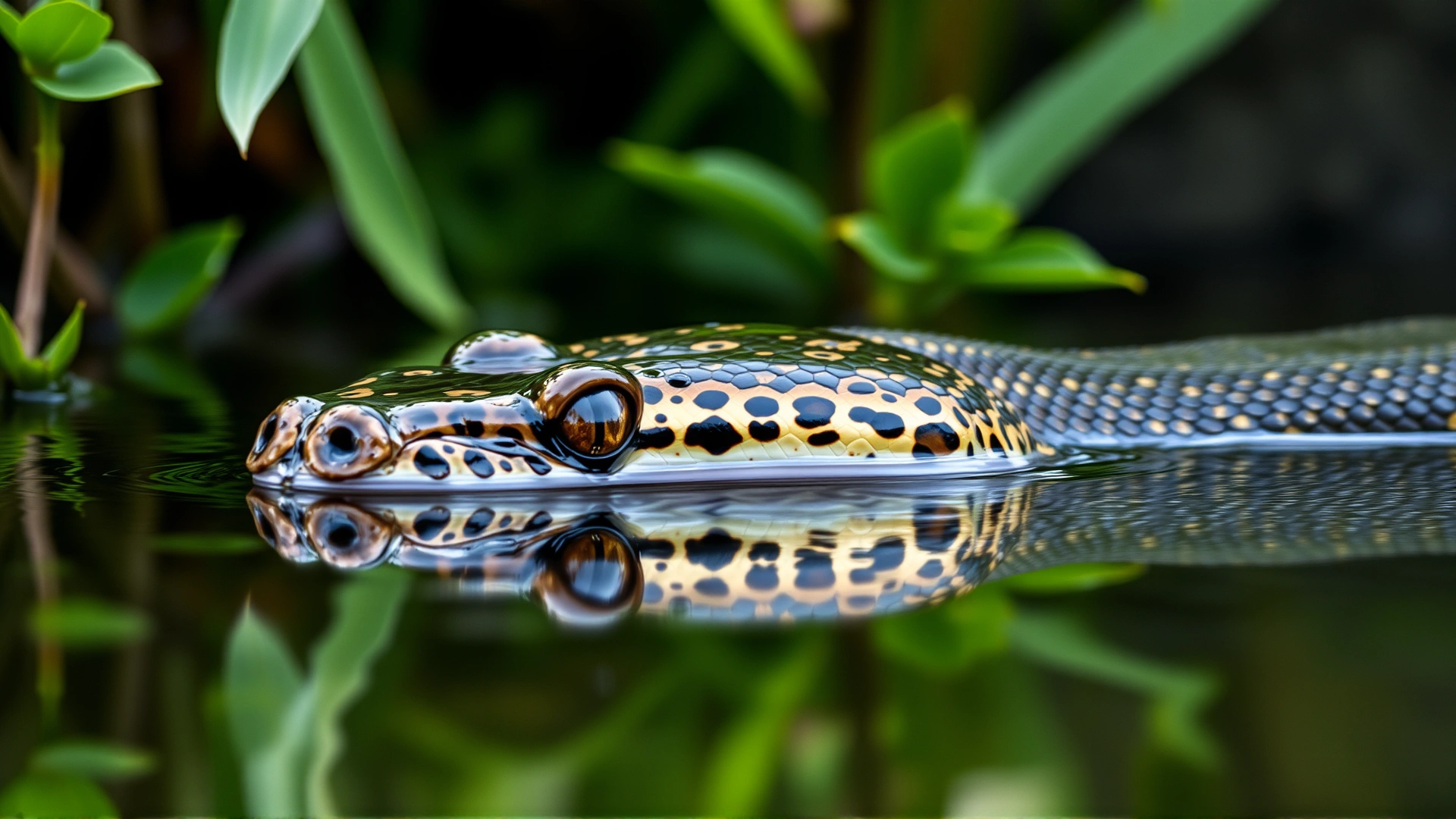 Close-up image of a Burmese python partially submerged in water with lush green vegetation reflecting on the surface.