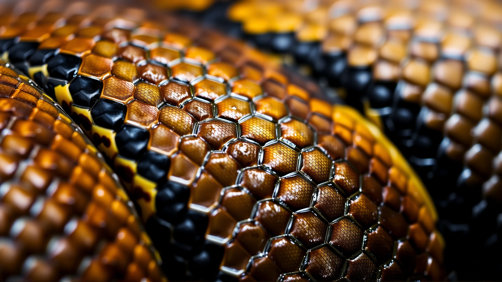 Macro shot of reticulated python scales highlighting the intricate interlocking pattern and iridescent sheen.