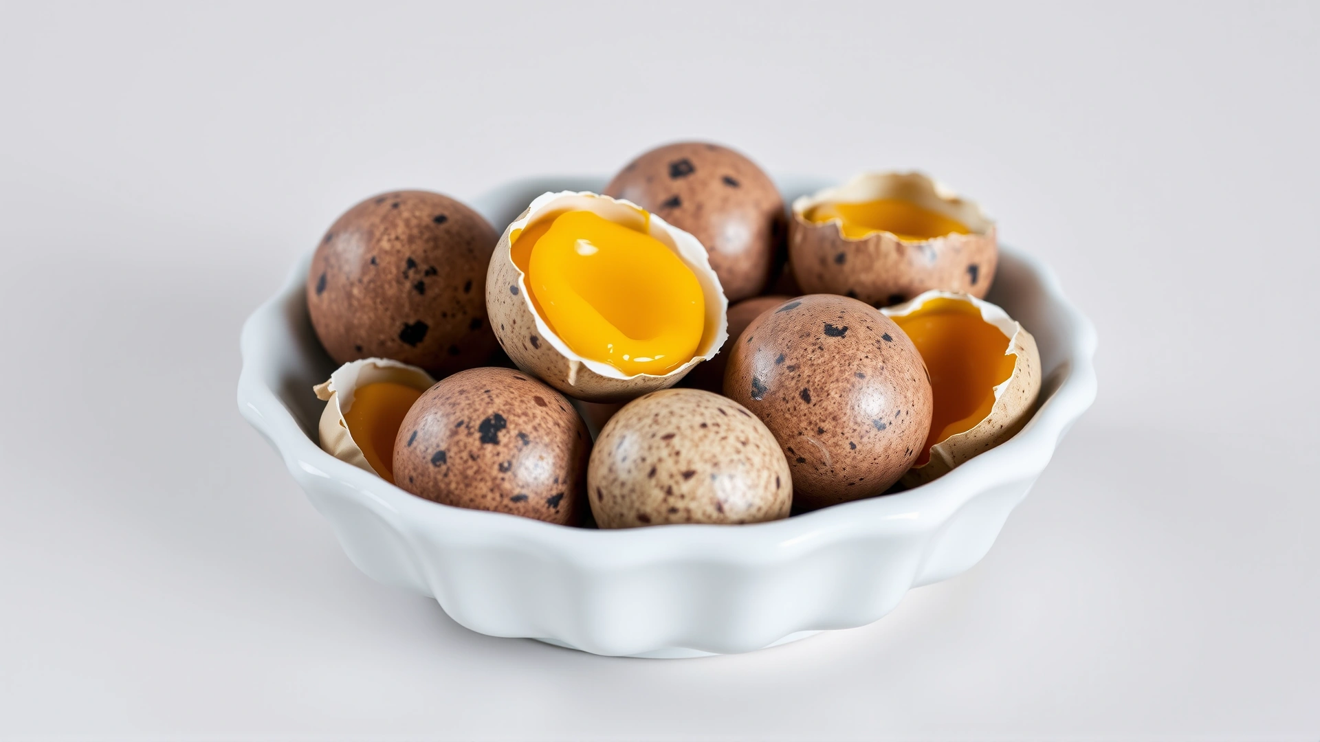 Quail eggs in a small ceramic dish, some cracked open to show yolk, neutral background, high-key lighting.