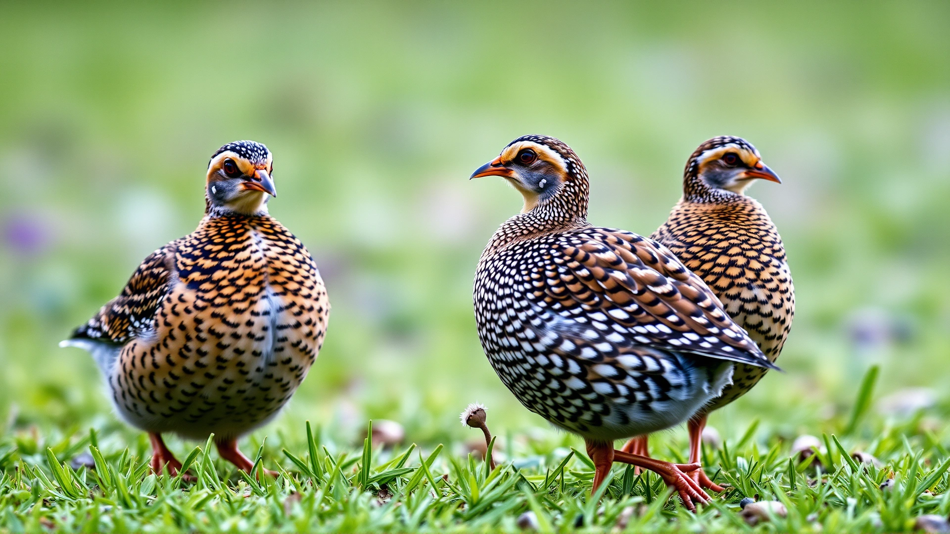 Three different color morphs of button quails walking together on fresh green grass, shallow depth of field, high detail