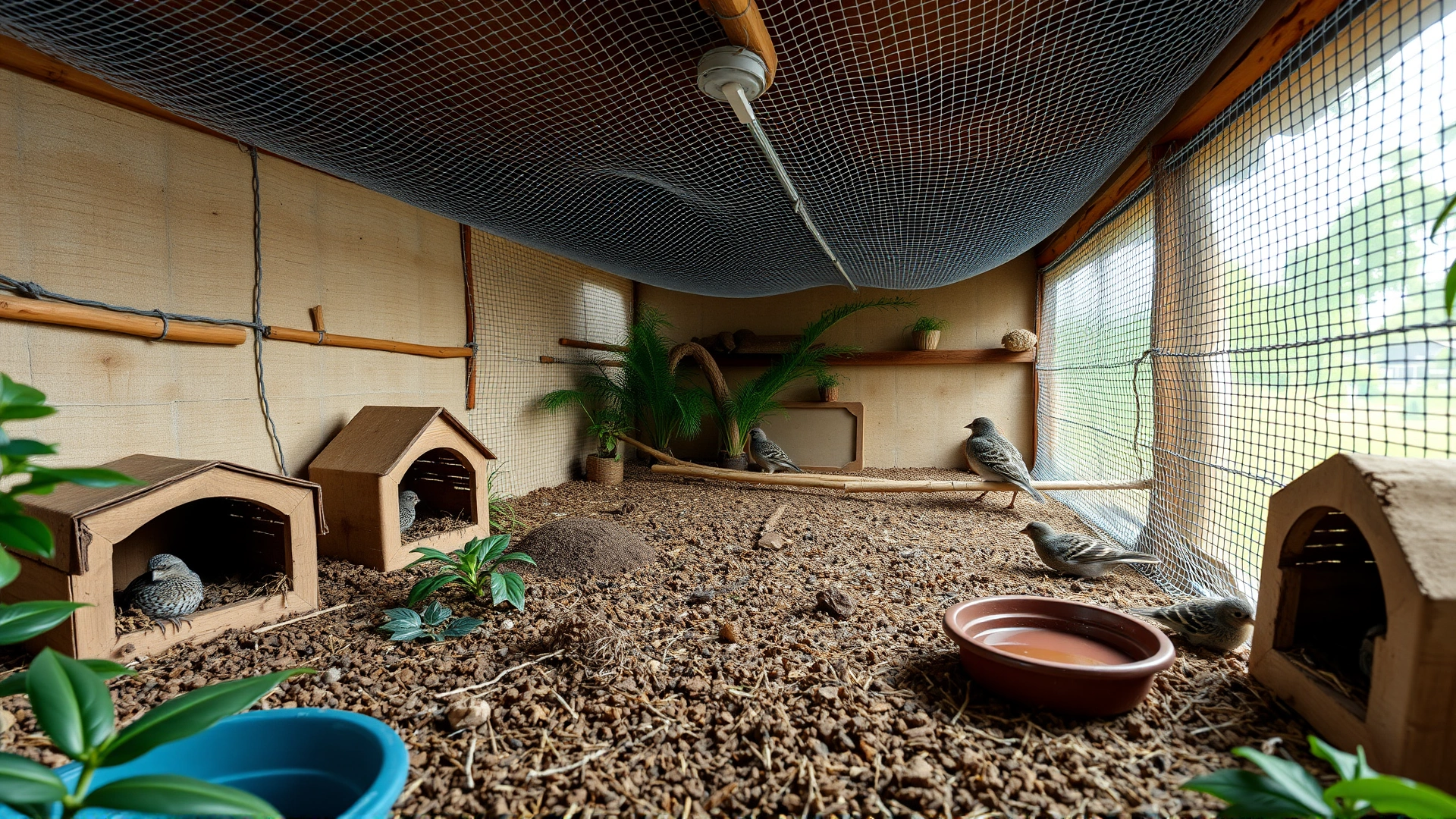 Indoor aviary setup for button quails showing natural substrate, hiding huts, shallow water dishes, and soft overhead netting, wide-angle shot
