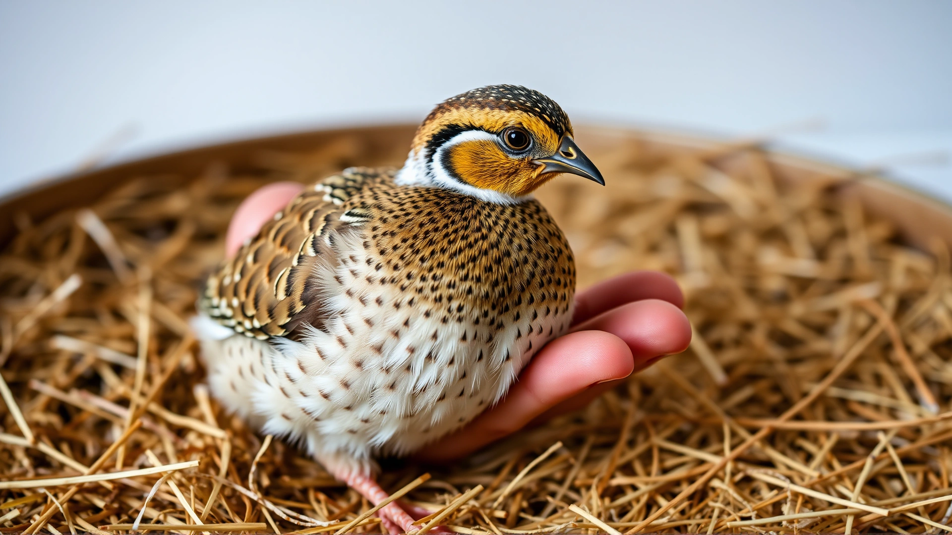 Human hand gently releasing a button quail onto soft bedding, demonstrating minimal stress handling, neutral background