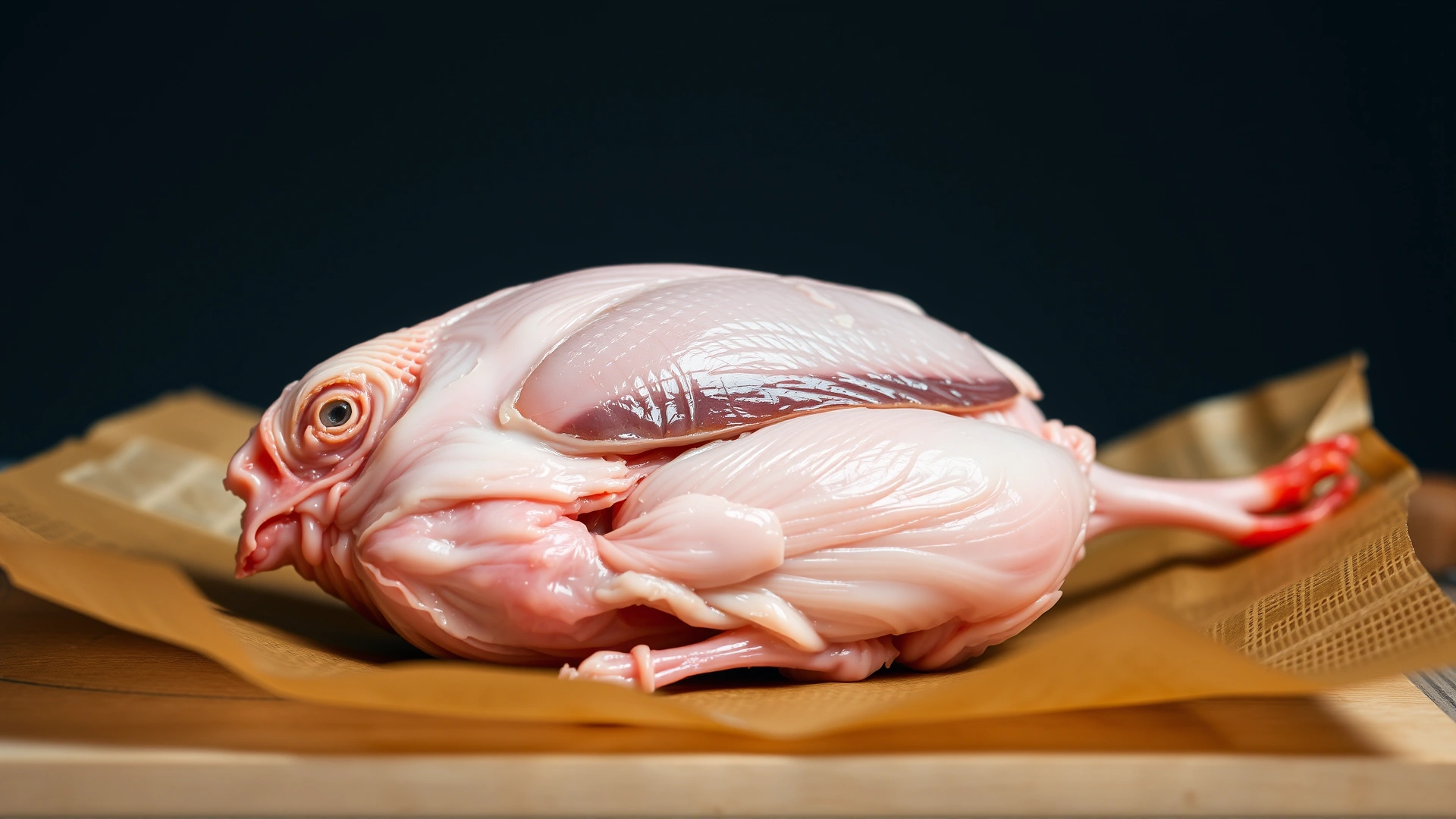 Macro shot of uncooked quail meat showing lean texture and minimal fat, placed on butcher paper, studio lighting.