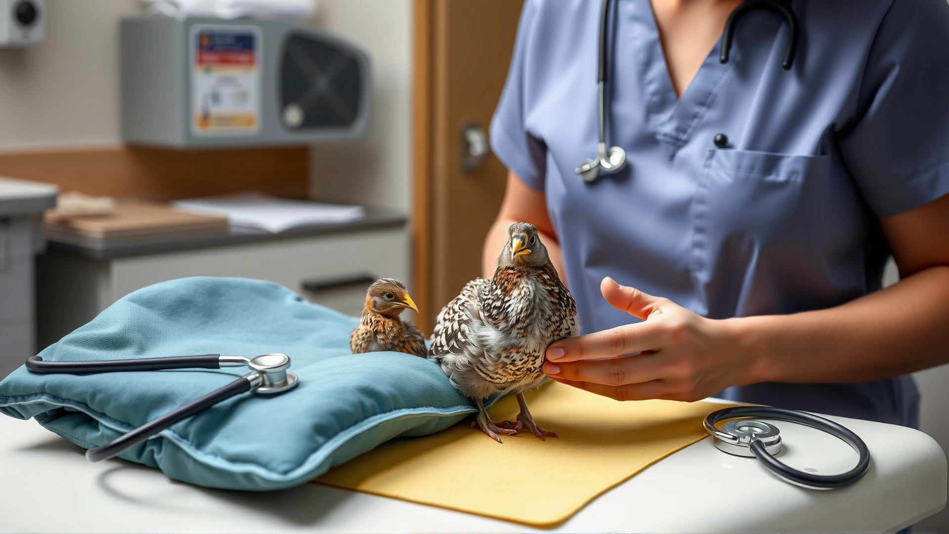 An avian veterinarian in scrubs examining a button quail on a padded table with stethoscope nearby, clinical yet friendly setting, no text